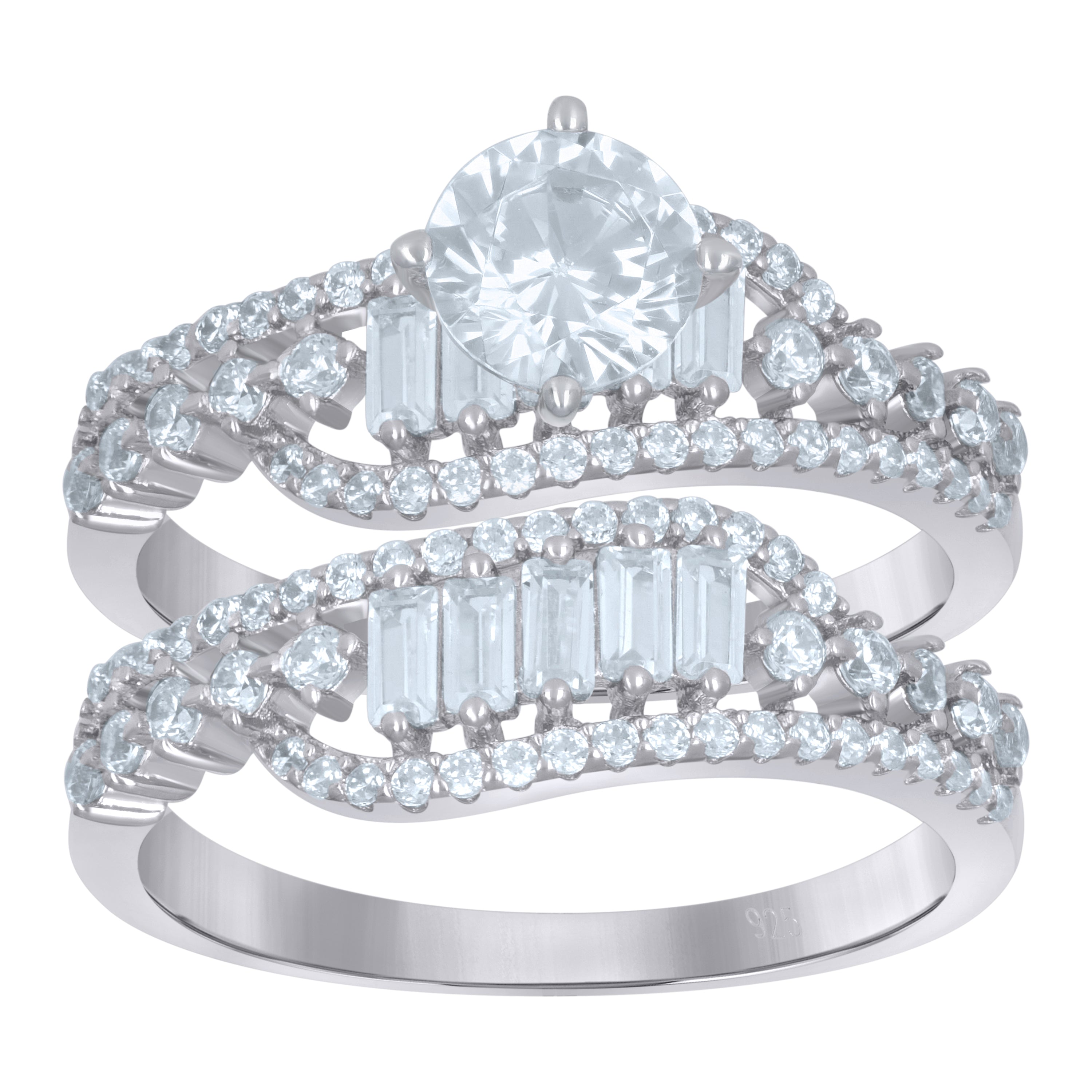 925 Sterling Silver Womens Baguette Cubic-Zirconia Duo Ring Set Size 7 - SLV-111620