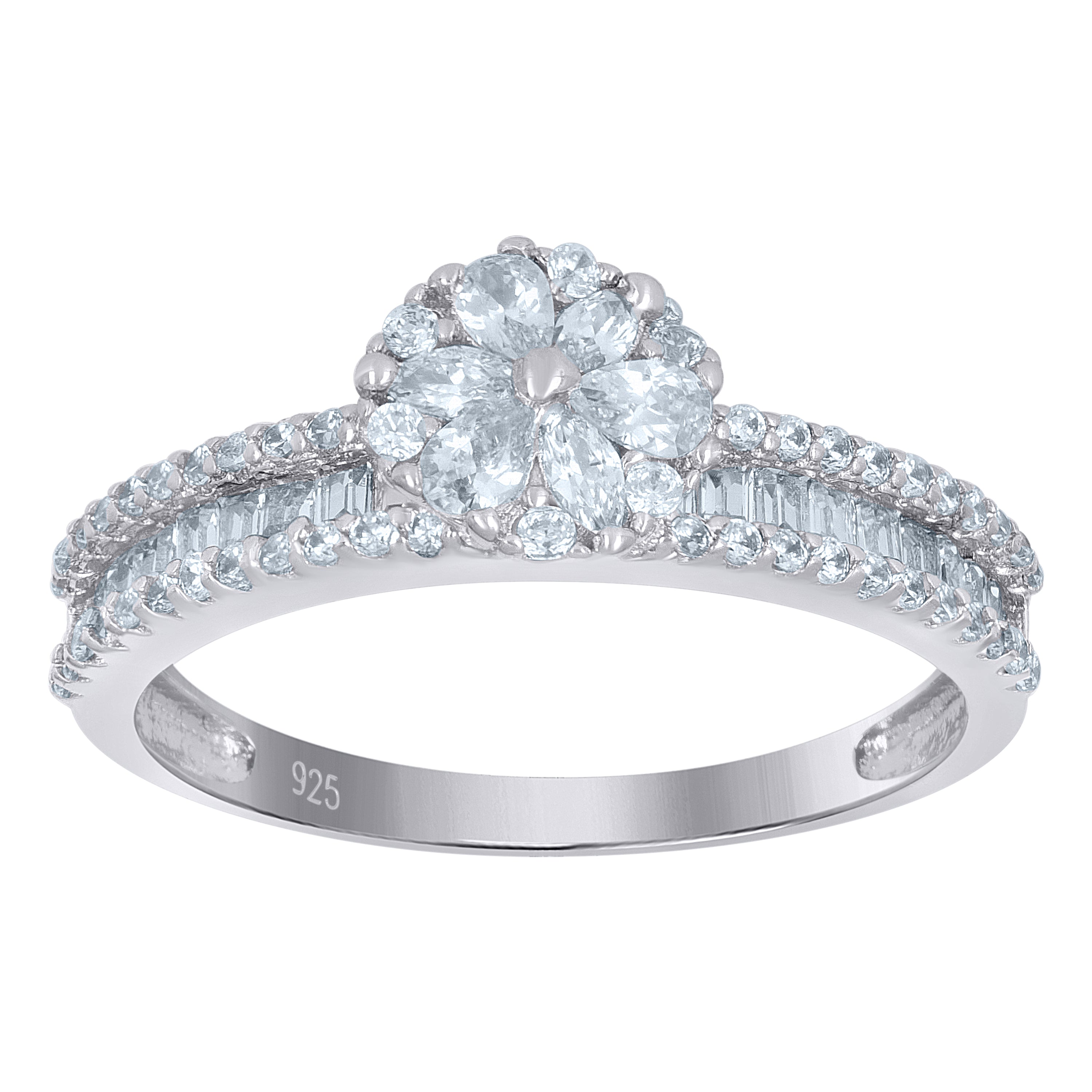 925 Sterling Silver Womens Baguette/Pear Solitaire Cubic-Zirconia Flower Engagement Ring Size 6
