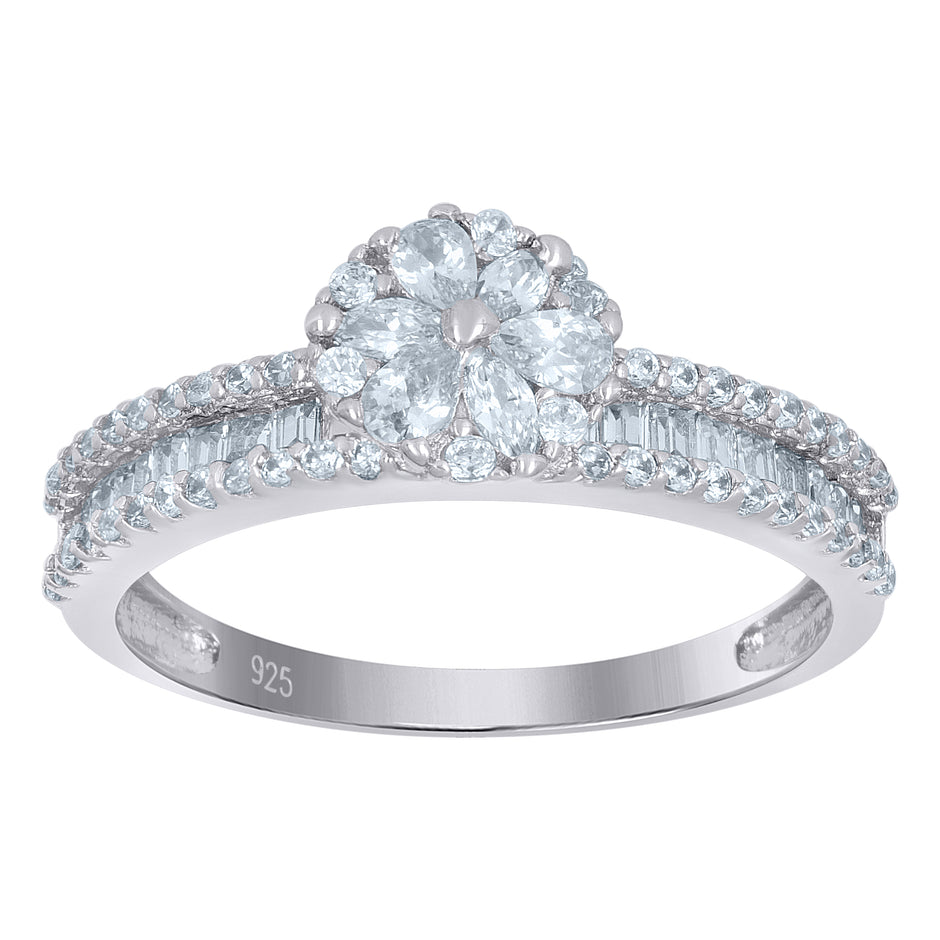 925 Sterling Silver Womens Baguette/Pear Solitaire Cubic-Zirconia Flower Engagement Ring Size 6