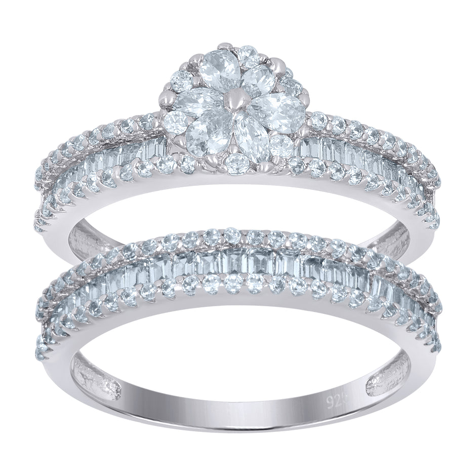 925 Sterling Silver Womens Baguette/Pear Cubic-Zirconia Flower Duo Ring Set Size 9 - SLV-111640