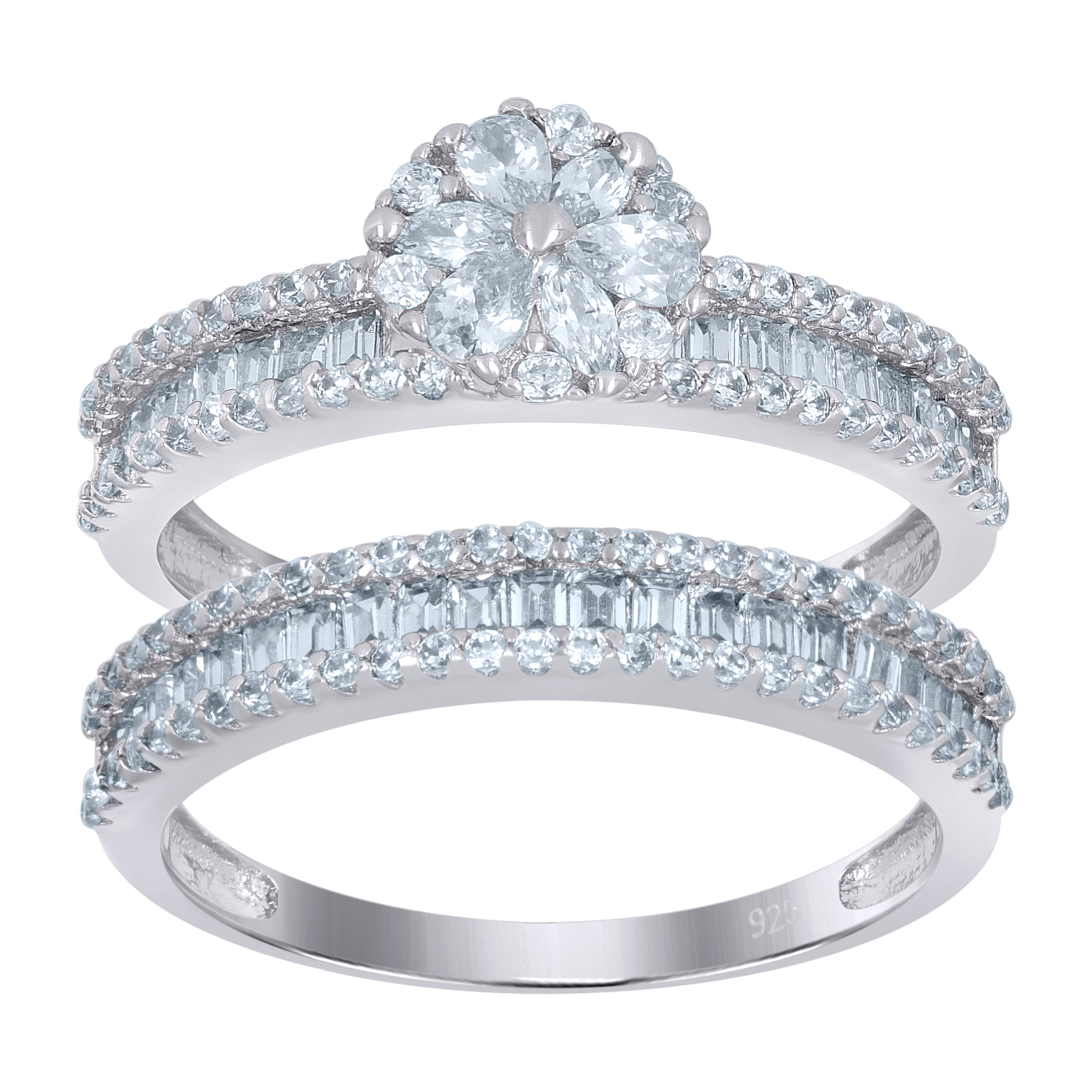 925 Sterling Silver Womens Baguette/Pear Cubic-Zirconia Flower Duo Ring Set Size 10 - SLV-111641