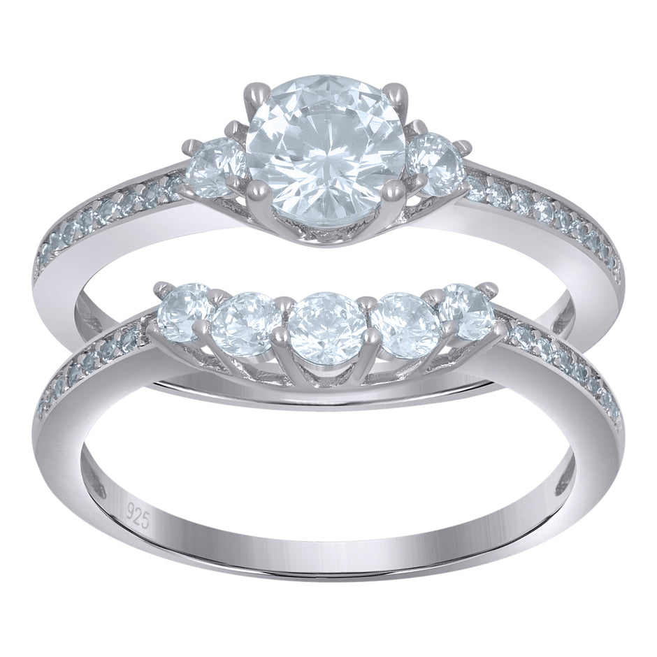 925 Sterling Silver Womens Cubic-Zirconia Duo Ring Set Size 10 - SLV-111653