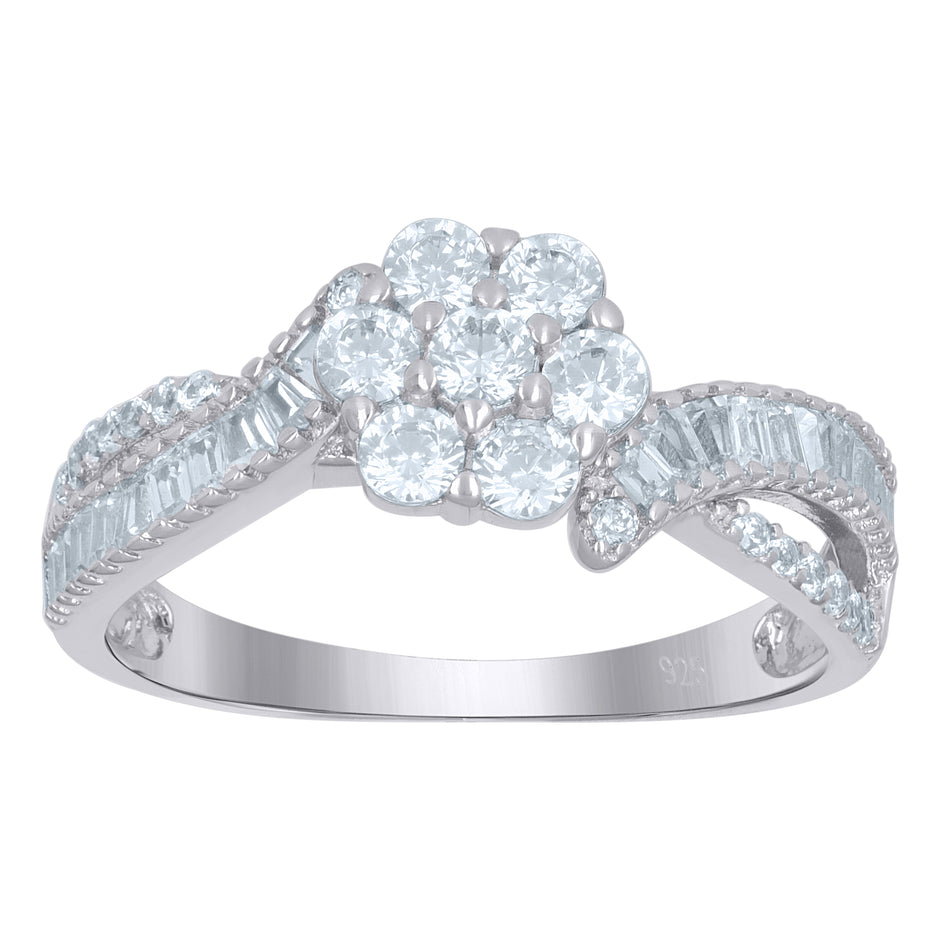925 Sterling Silver Womens Baguette Solitaire Cubic-Zirconia Flower Engagement Ring Size 7 - SLV-111663