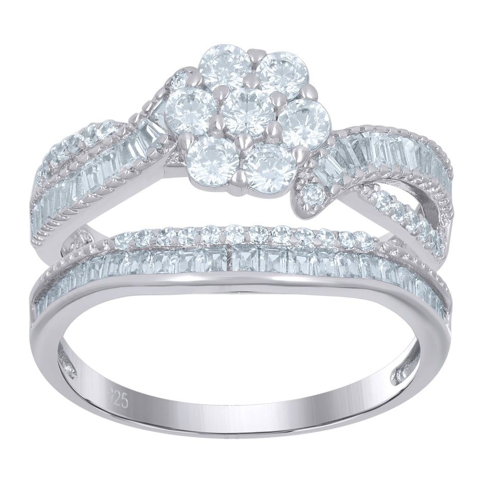 925 Sterling Silver Womens Baguette Cubic-Zirconia Flower Duo Ring Set Size 6