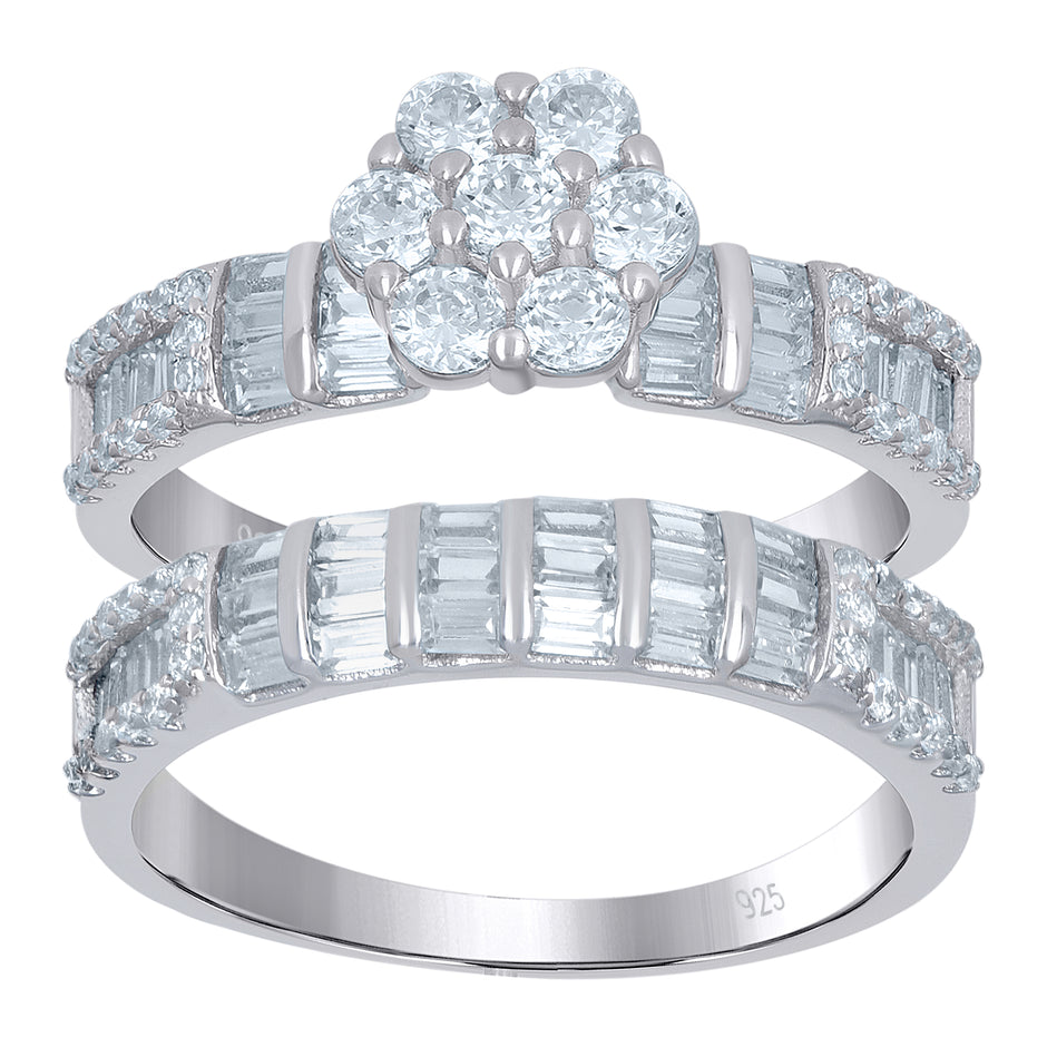 925 Sterling Silver Womens Baguette Cubic-Zirconia Flower Duo Ring Set Size 6
