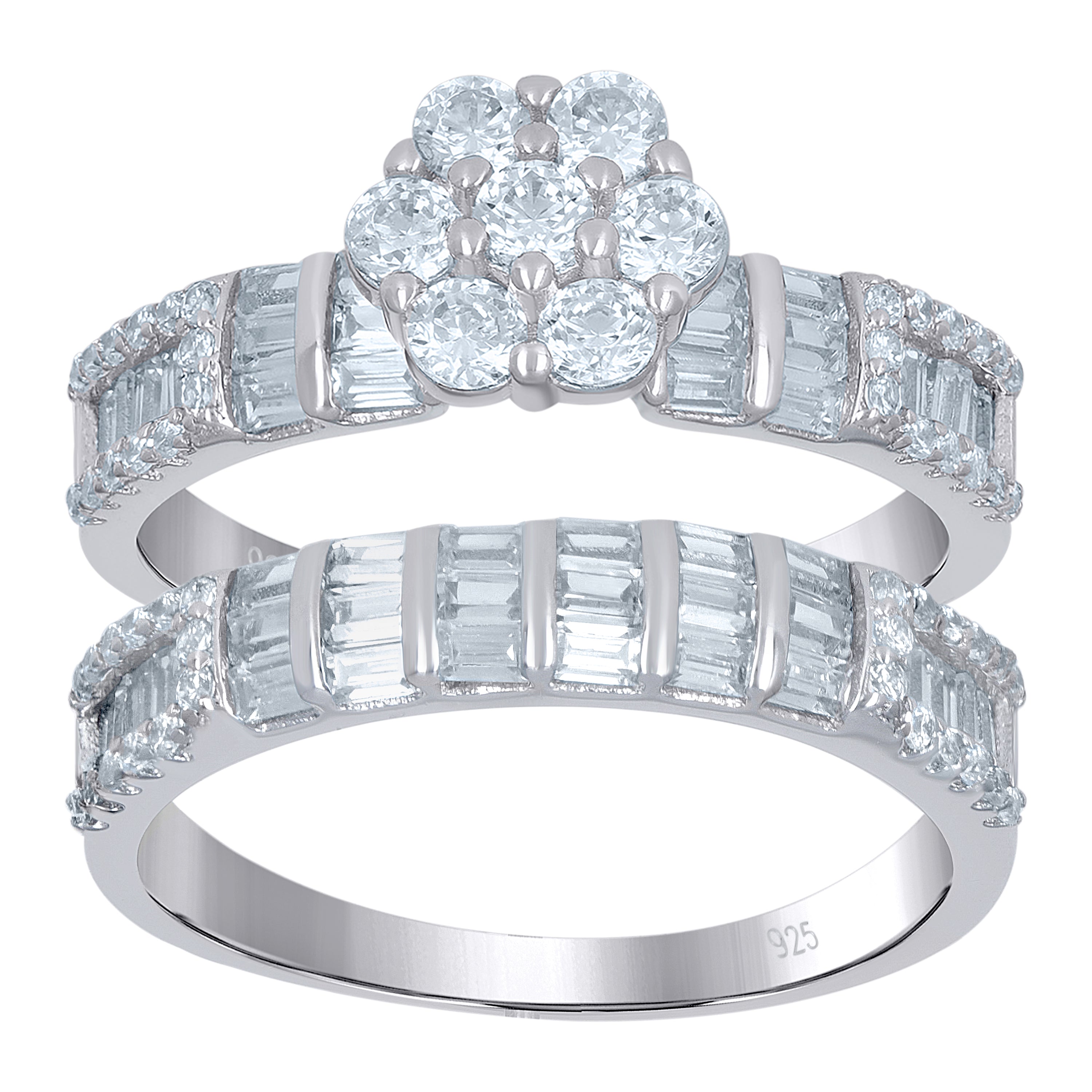 925 Sterling Silver Womens Baguette Cubic-Zirconia Flower Duo Ring Set Size 10 - SLV-111677