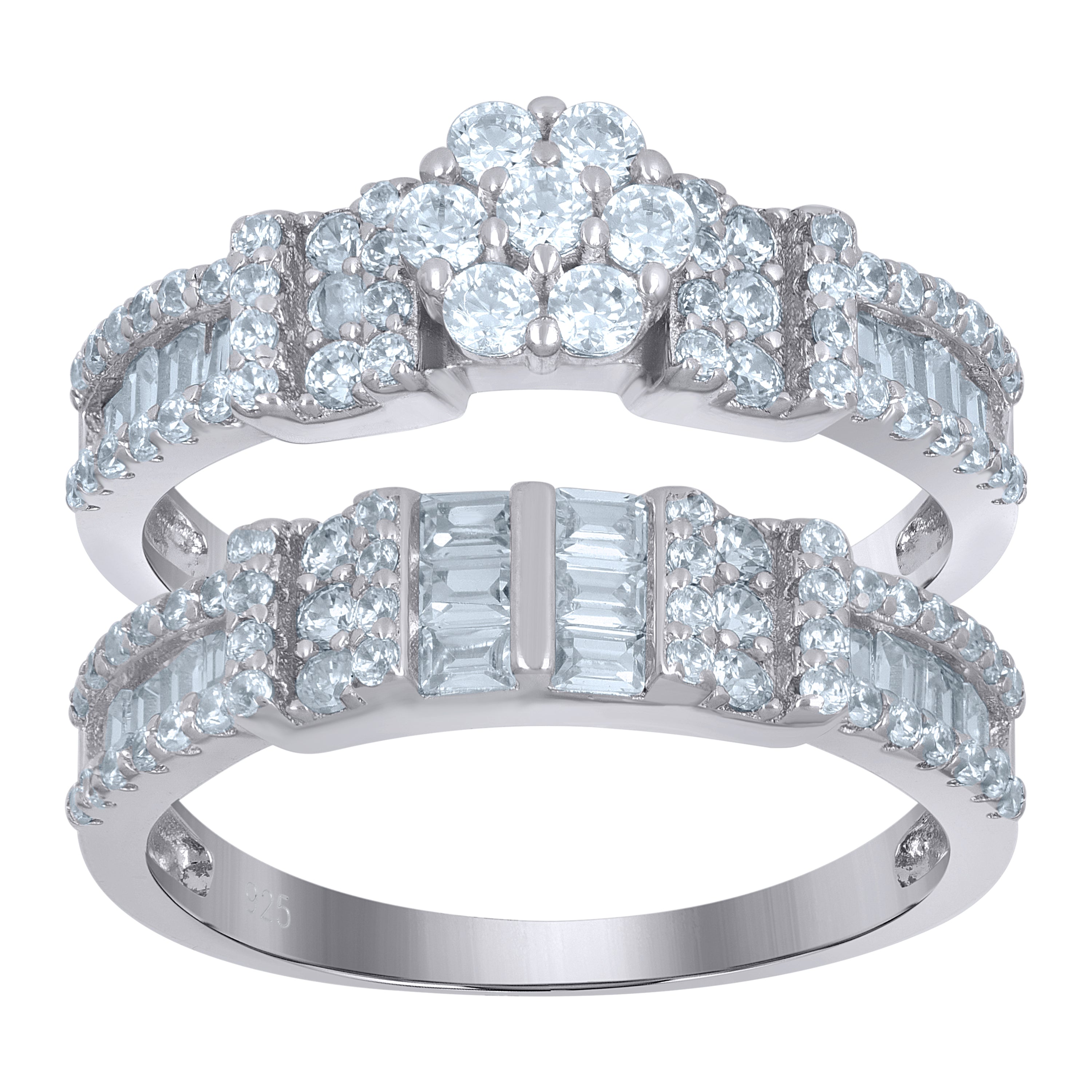 925 Sterling Silver Womens Baguette Cubic-Zirconia Flower Duo Ring Set Size 7 - SLV-111680