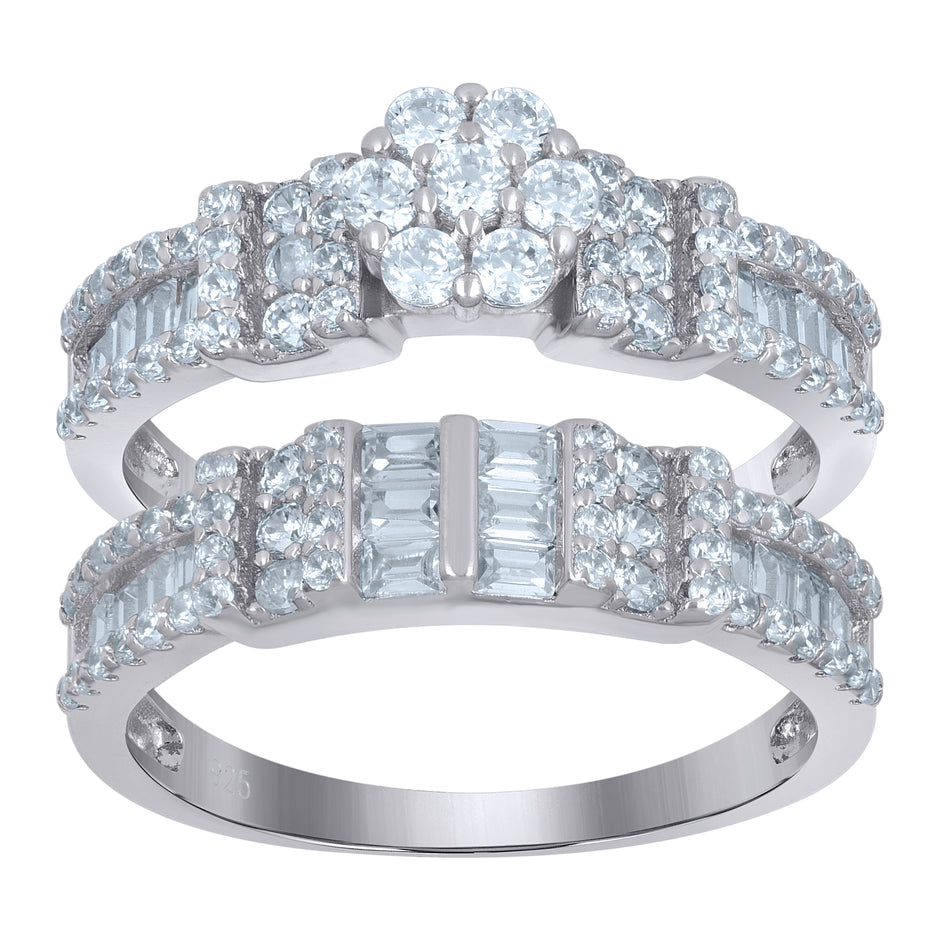 925 Sterling Silver Womens Baguette Cubic-Zirconia Flower Duo Ring Set Size 10 - SLV-111683
