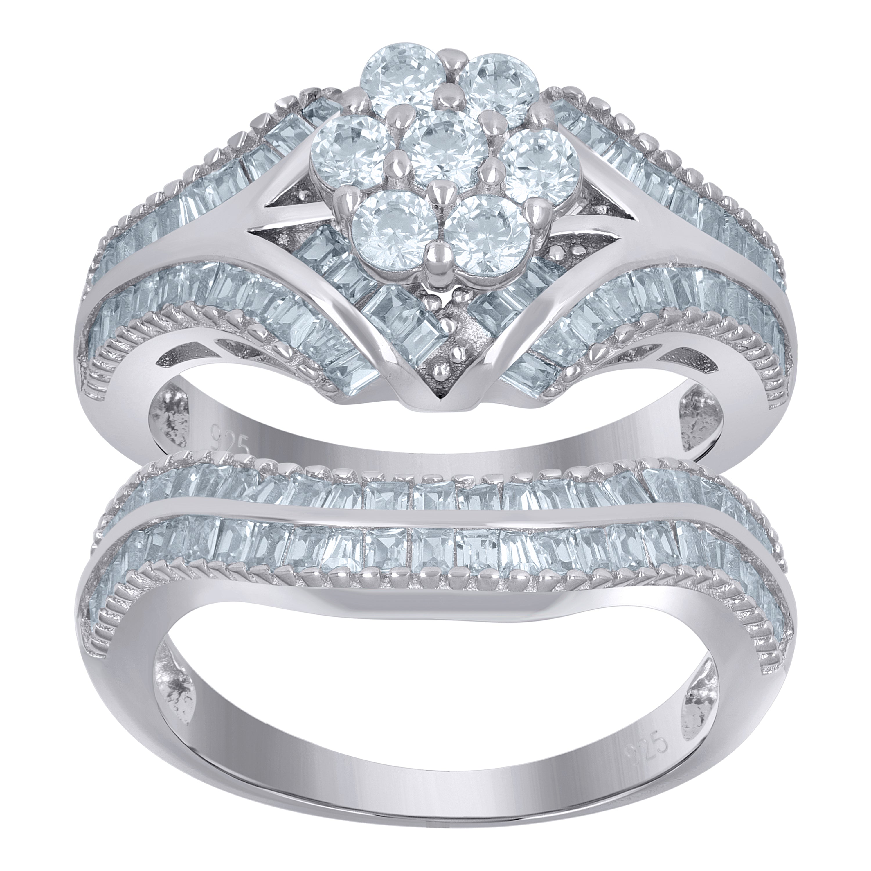 925 Sterling Silver Womens Baguette Cubic-Zirconia Flower Duo Ring Set Size 10 - SLV-111689