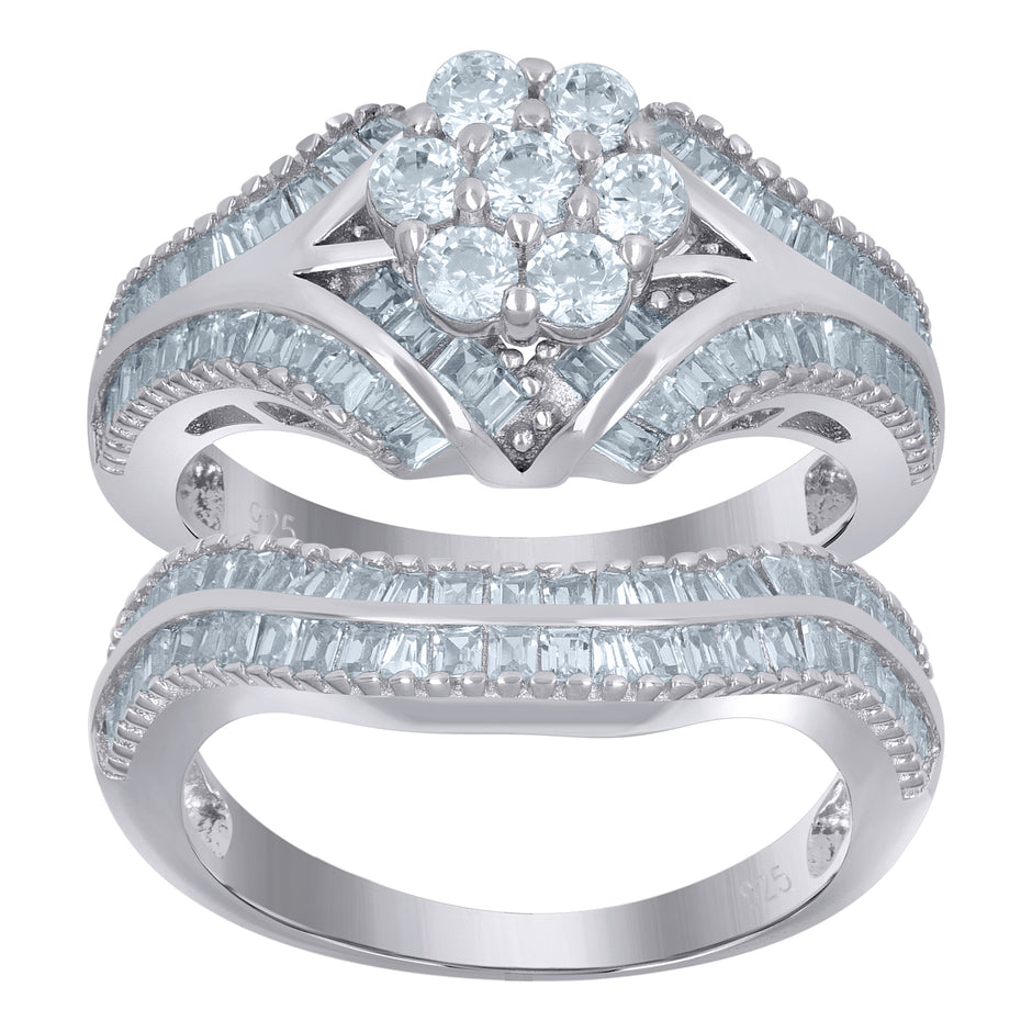925 Sterling Silver Womens Baguette Cubic-Zirconia Flower Duo Ring Set Size 7 - SLV-111686
