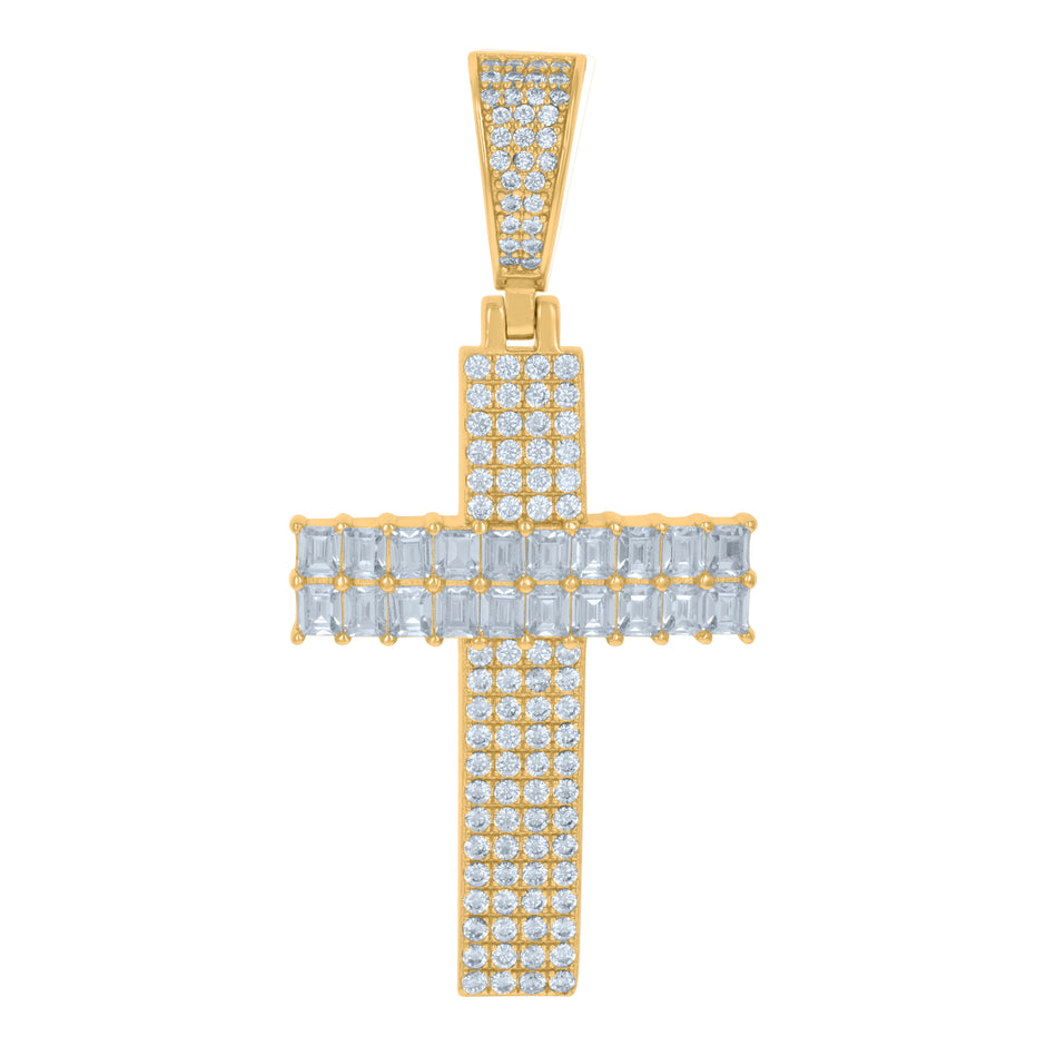 925 Sterling Silver Yellow-Tone Mens Round & Baguette Cubic-Zirconia Cross Religious Charm Pendant