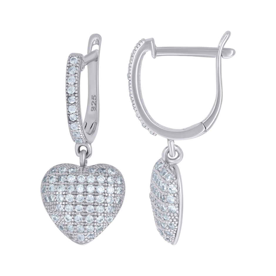 925 Sterling Silver Womens Cubic-Zirconia Heart Dangle Hoop Earrings