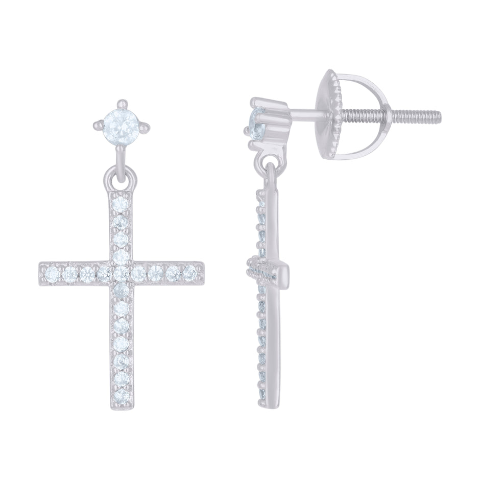 925 Sterling Silver Unisex Cubic-Zirconia Cross Religious Danglers Earrings