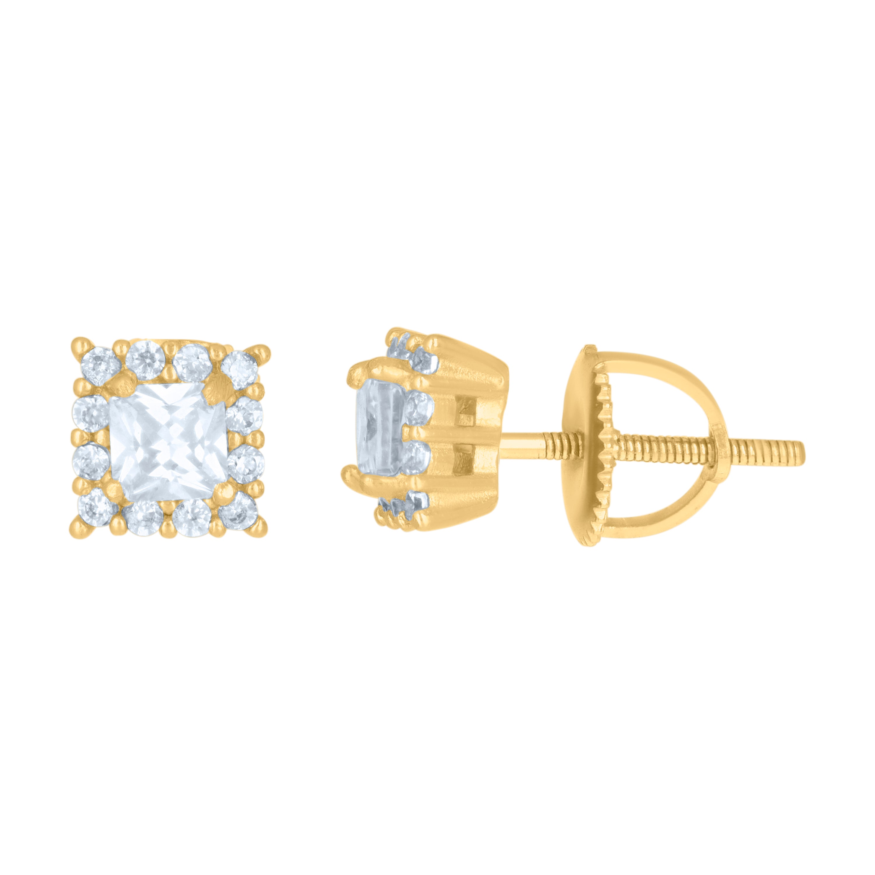 925 Sterling Silver Yellow-Tone Womens Princess-Cut Round Cubic-Zirconia Square Fashion Stud Earrings
