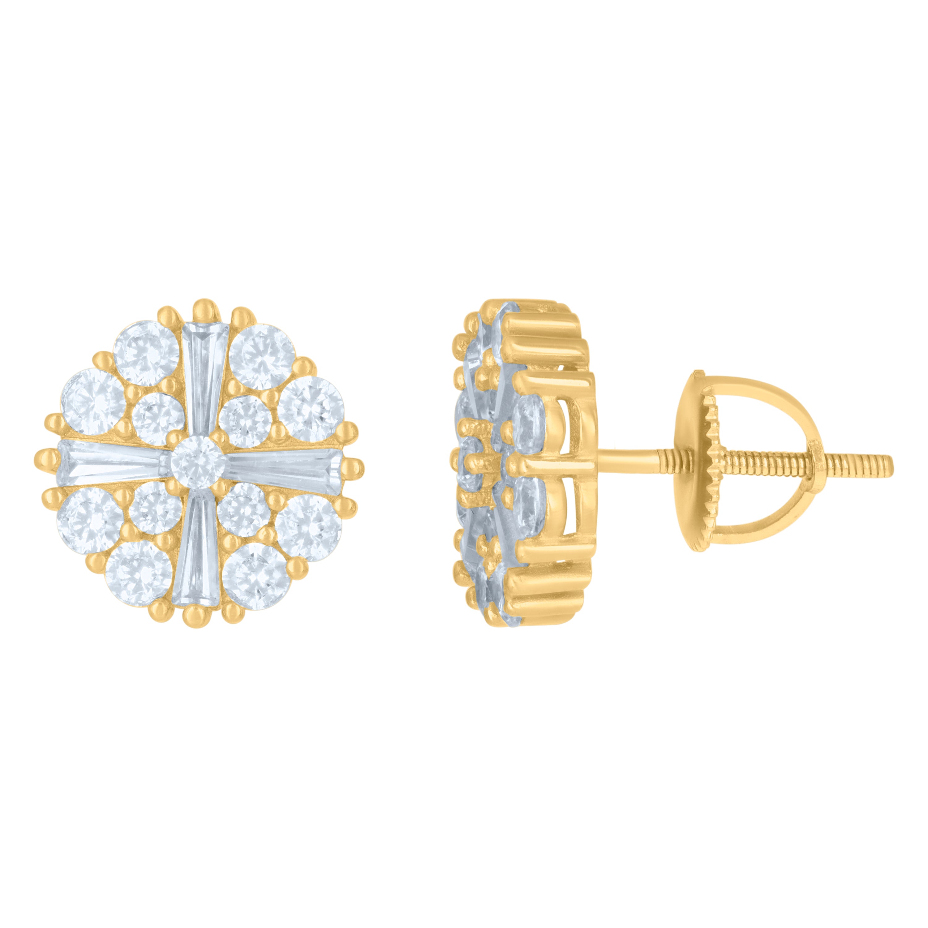 925 Sterling Silver Yellow-Tone Mens Baguette Round Cubic-Zirconia Fashion Stud Earrings