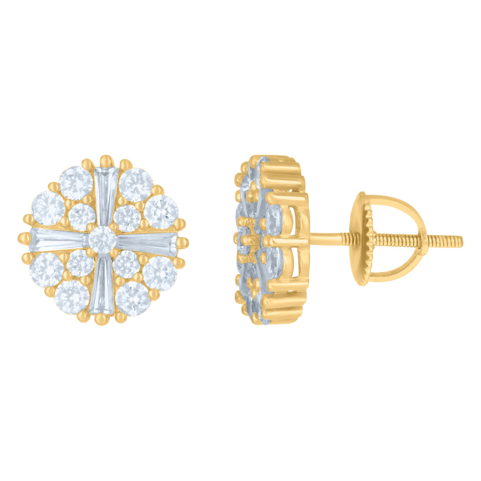 925 Sterling Silver Yellow-Tone Mens Baguette Round Cubic-Zirconia Fashion Stud Earrings