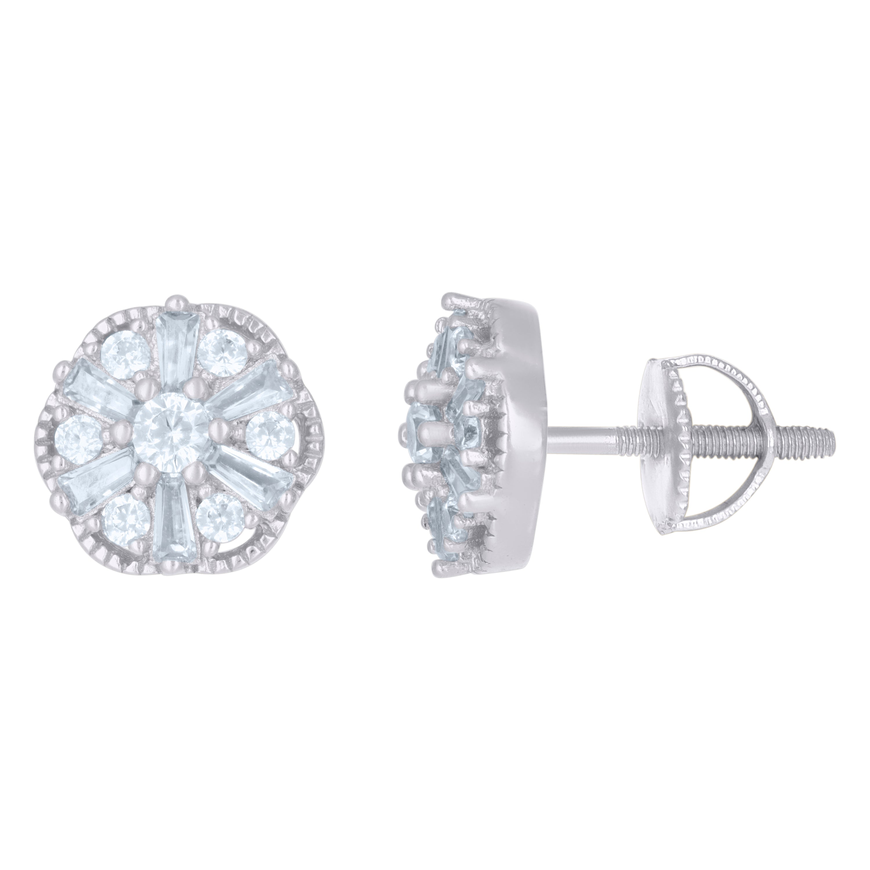925 Sterling Silver Womens Baguette Round Cubic-Zirconia Flower Fashion Stud Earrings