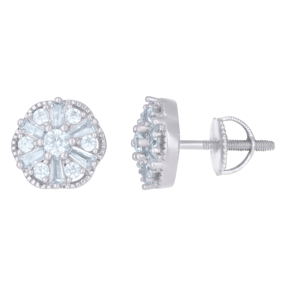 925 Sterling Silver Womens Baguette Round Cubic-Zirconia Flower Fashion Stud Earrings