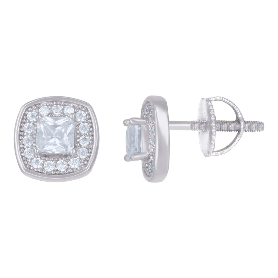 925 Sterling Silver Mens Princess-Cut Round Cubic-Zirconia Square Stud Earrings