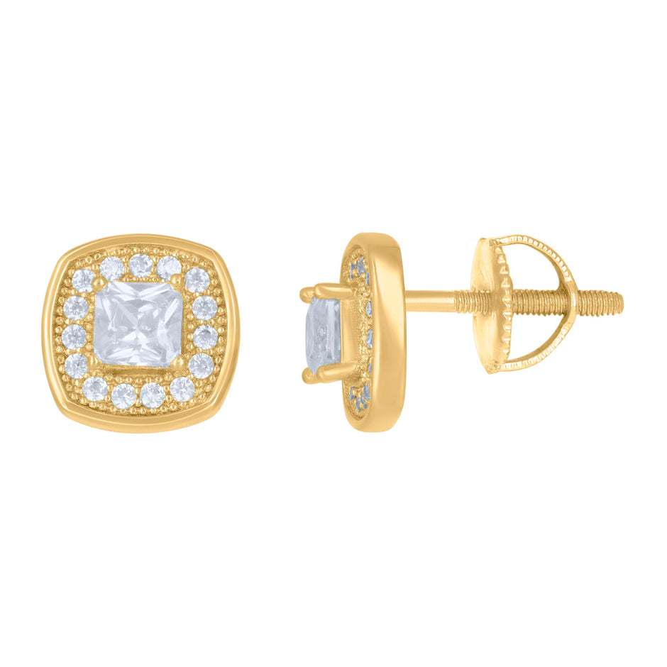 925 Sterling Silver Yellow-Tone Mens Princess-Cut Round Cubic-Zirconia Square Stud Earrings