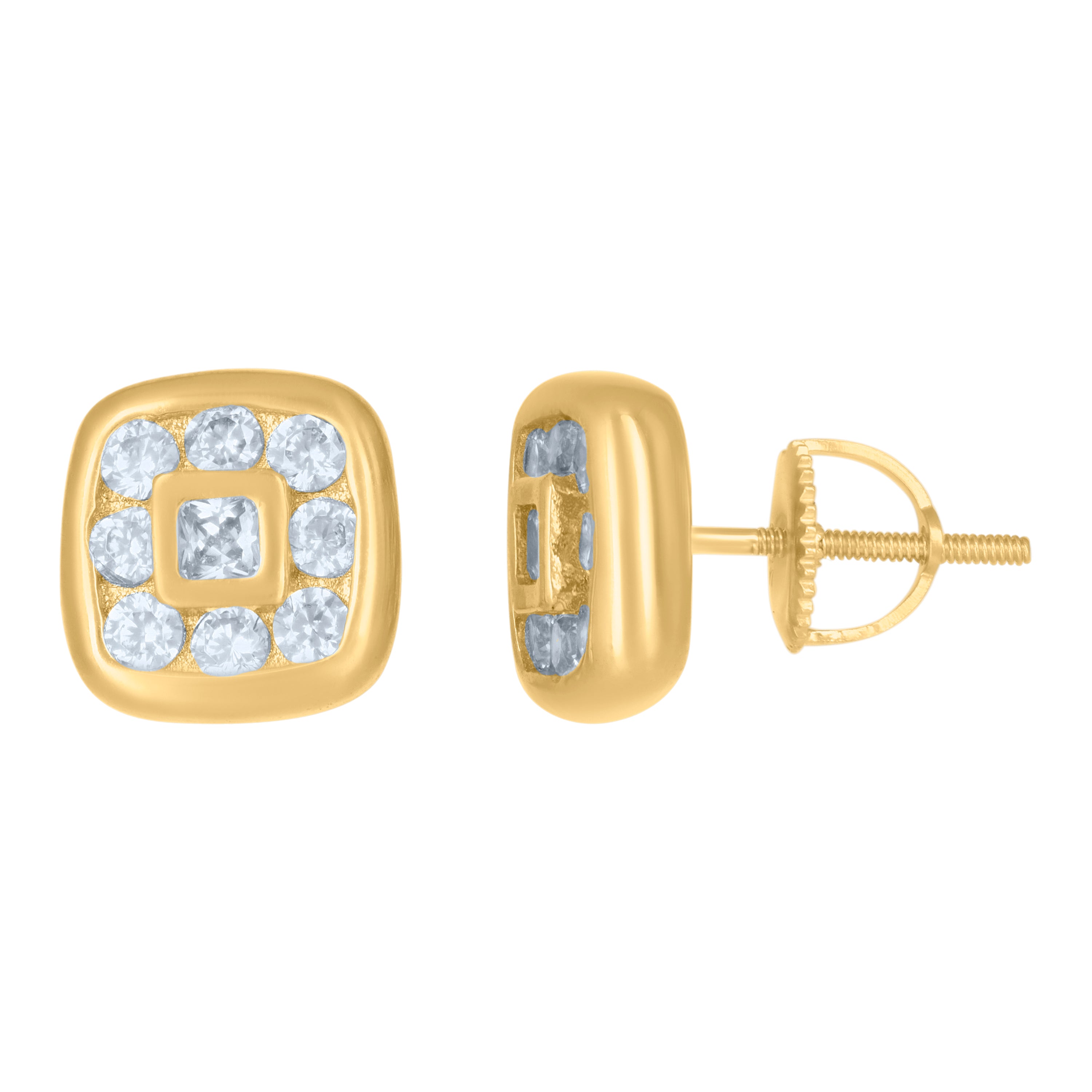 925 Sterling Silver Yellow-Tone Mens Princess-Cut Round Cubic-Zirconia Square Stud Earrings