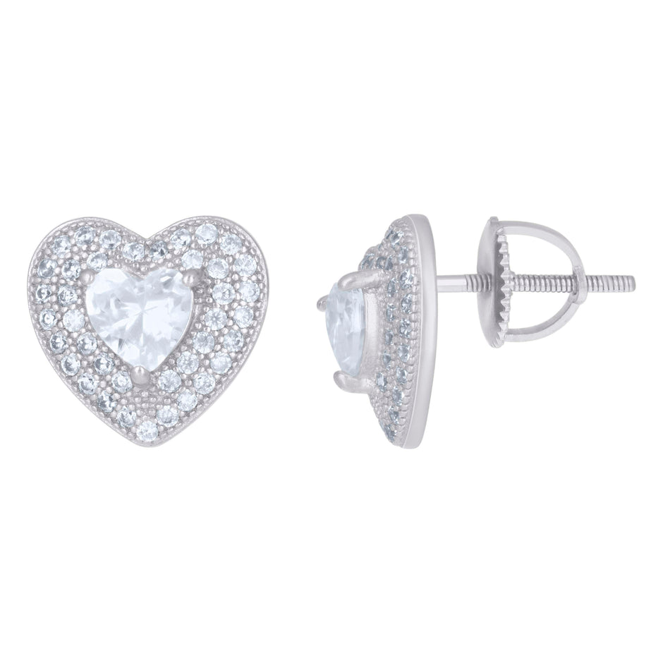925 Sterling Silver Womens Heart Round Cubic-Zirconia Heart Stud Earrings