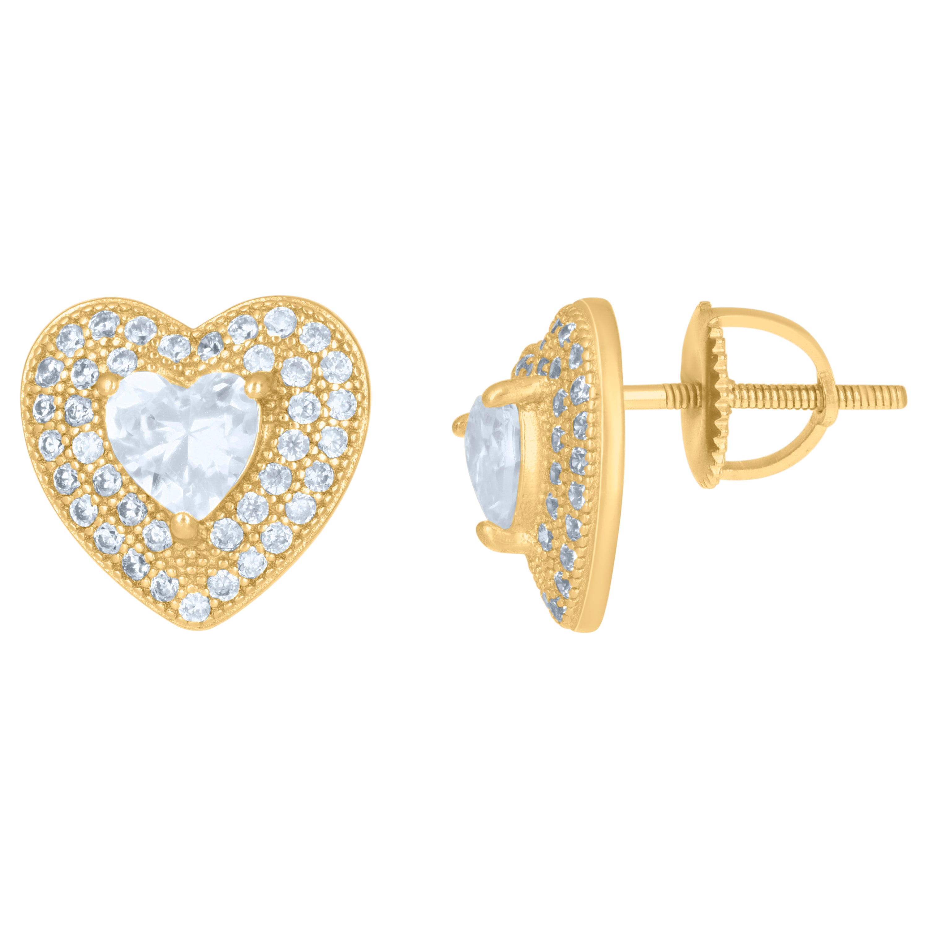 925 Sterling Silver Yellow-Tone Womens Heart Round Cubic-Zirconia Heart Stud Earrings