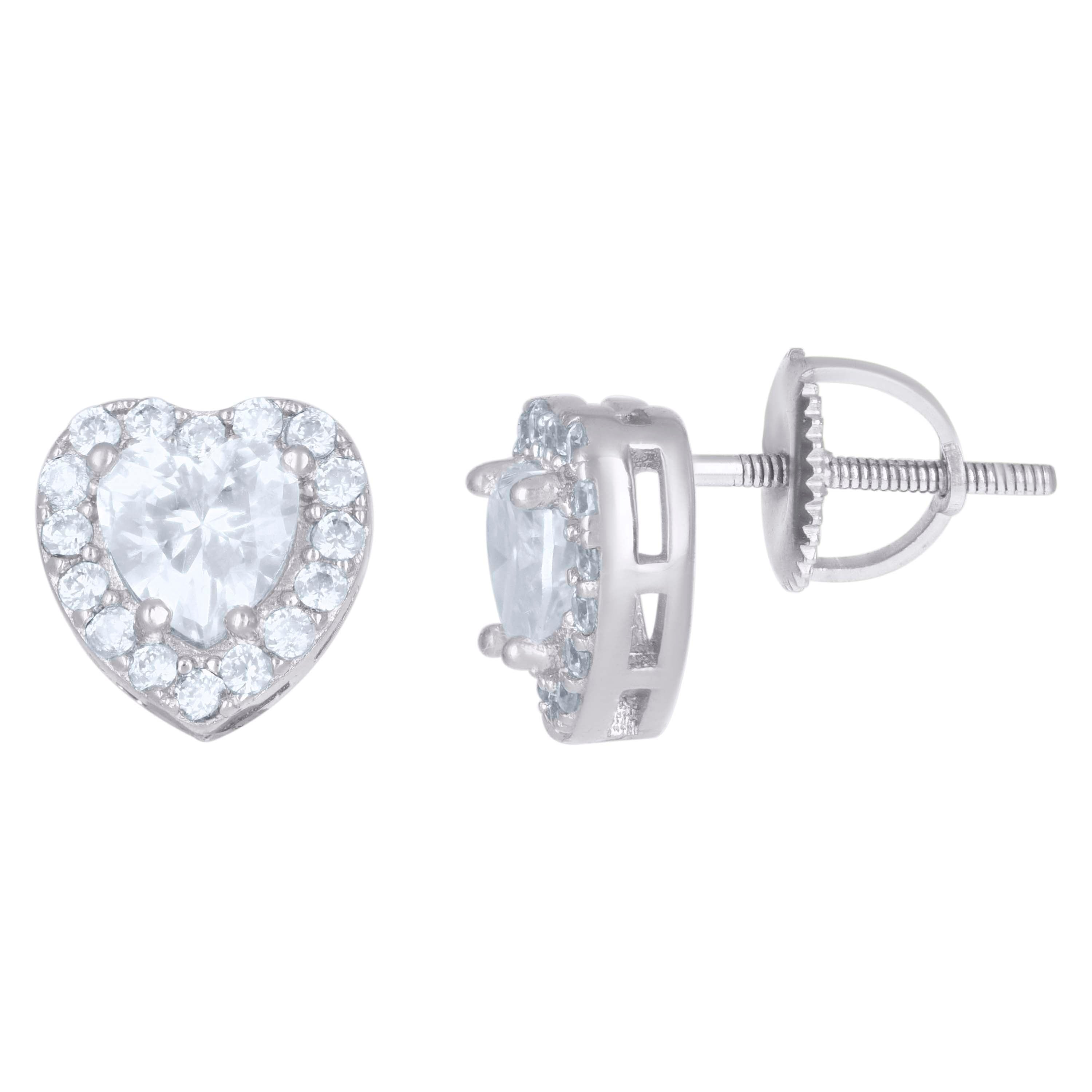 925 Sterling Silver Womens Heart Round Cubic-Zirconia Heart Stud Earrings