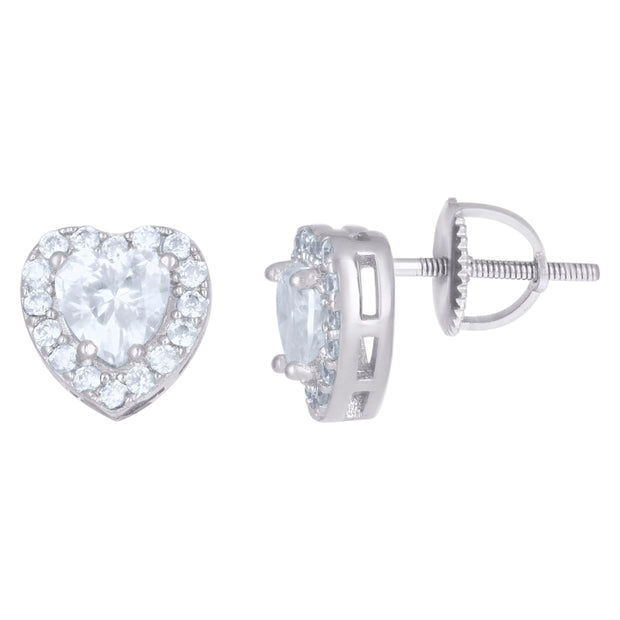925 Sterling Silver Womens Heart Round Cubic-Zirconia Heart Stud Earrings