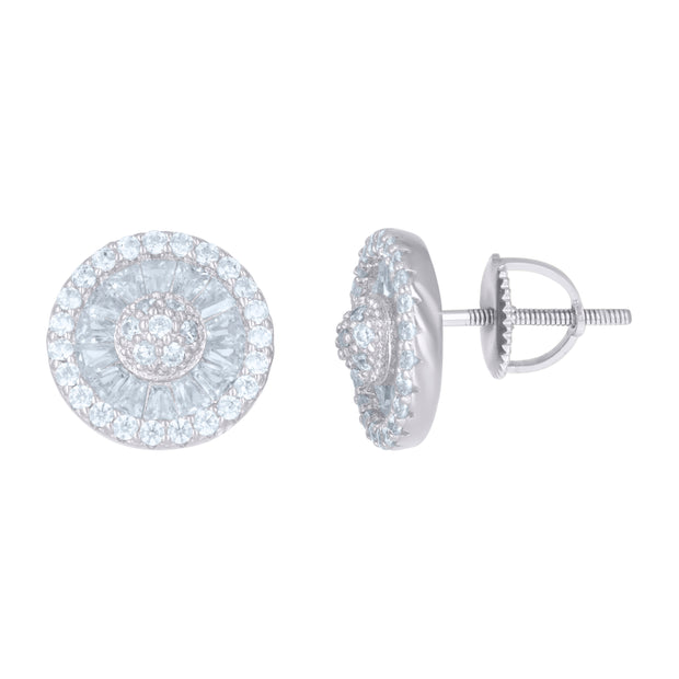 925 Sterling Silver Mens Baguette Round Cubic-Zirconia Fashion Stud Earrings