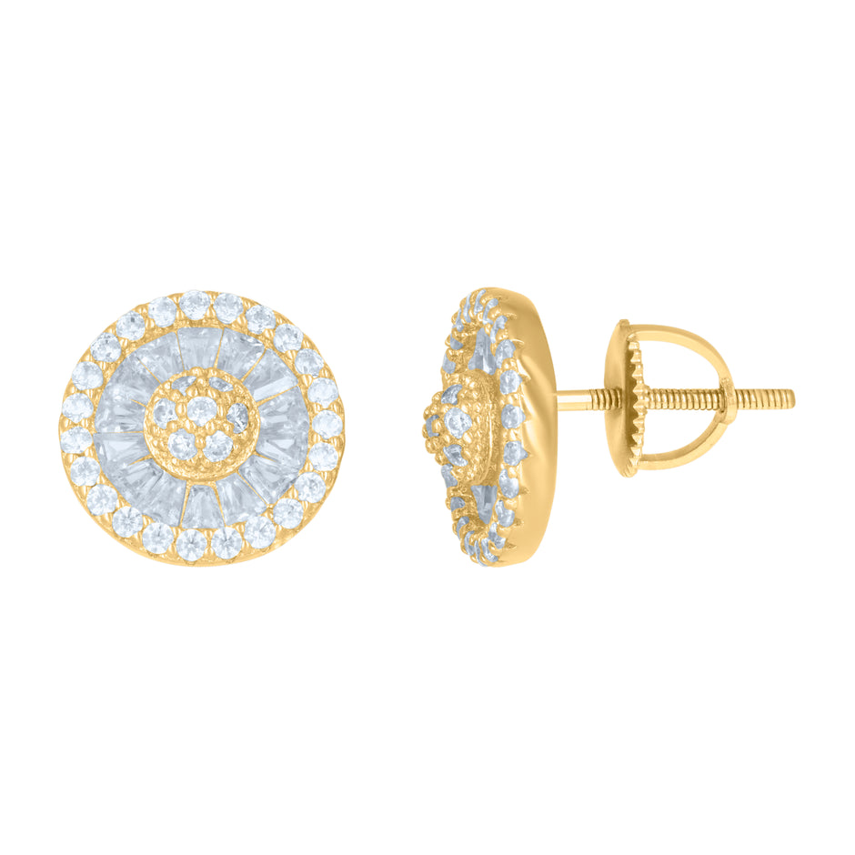925 Sterling Silver Yellow-Tone Mens Baguette Round Cubic-Zirconia Fashion Stud Earrings