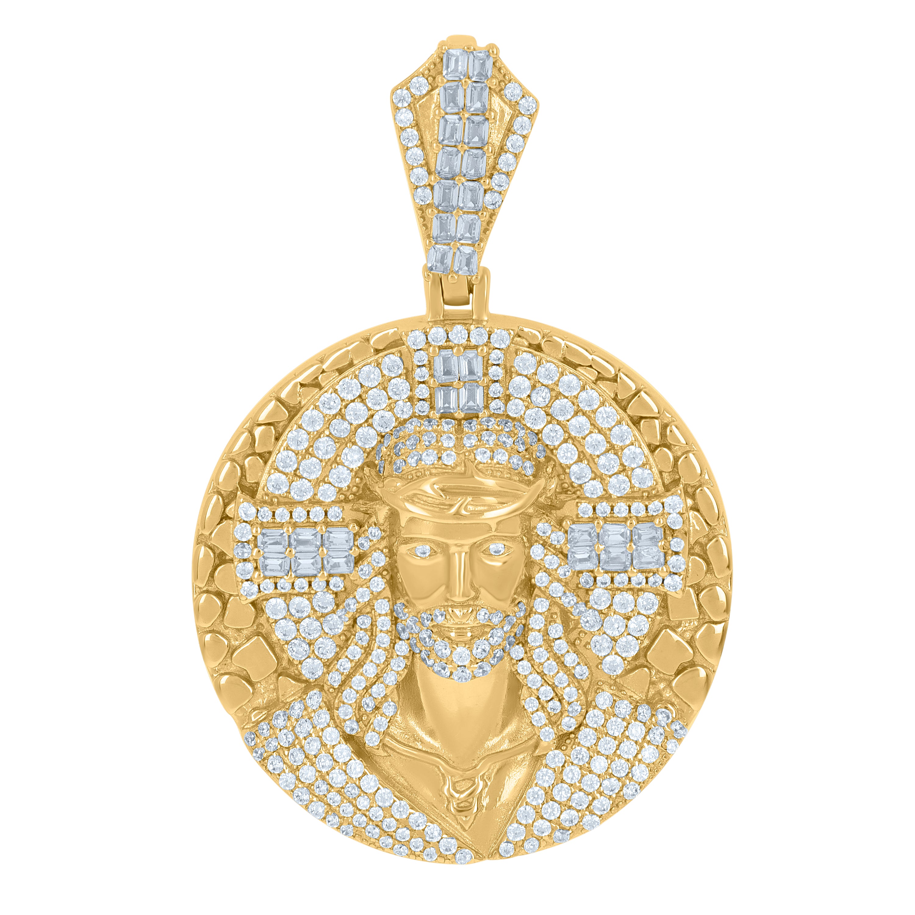 925 Sterling Silver Yellow-Tone Men Baguette Cubic-Zirconia Medallion Jesus Religious Charm Pendant