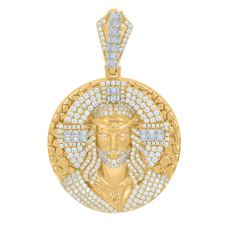 925 Sterling Silver Yellow-Tone Men Baguette Cubic-Zirconia Medallion Jesus Religious Charm Pendant