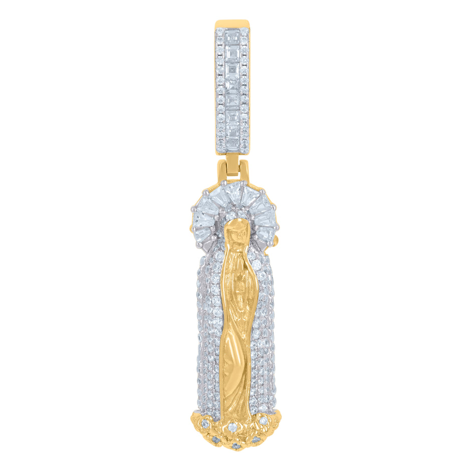925 Sterling Silver Yellow-Tone Men Baguette Cubic-Zirconia Guadalupe/Mother Marry Religious Charm Pendant