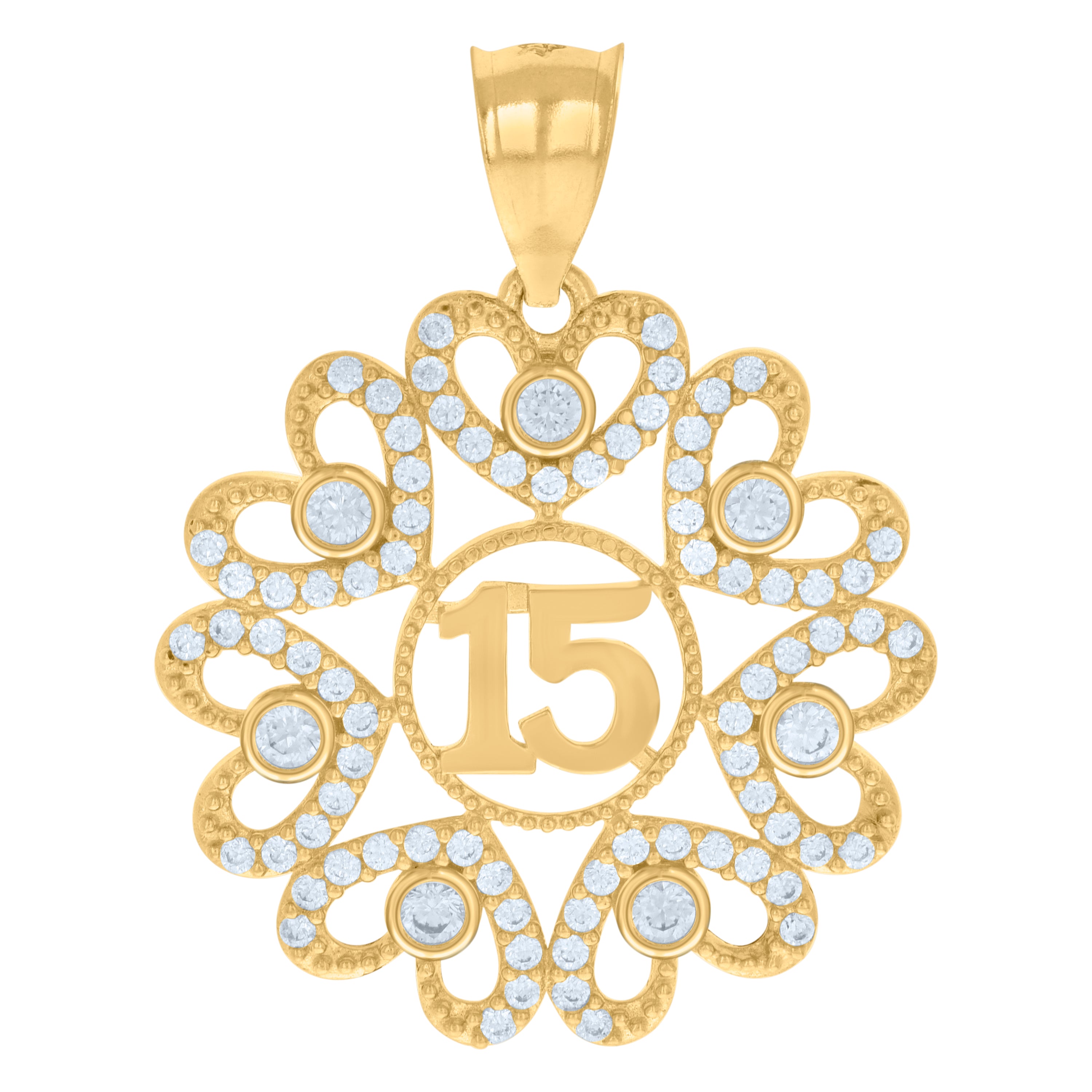 10kt Yellow Gold Womens Cubic-Zirconia 15 Quinceanera Charm Pendant