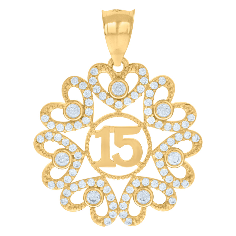 10kt Yellow Gold Womens Cubic-Zirconia 15 Quinceanera Charm Pendant