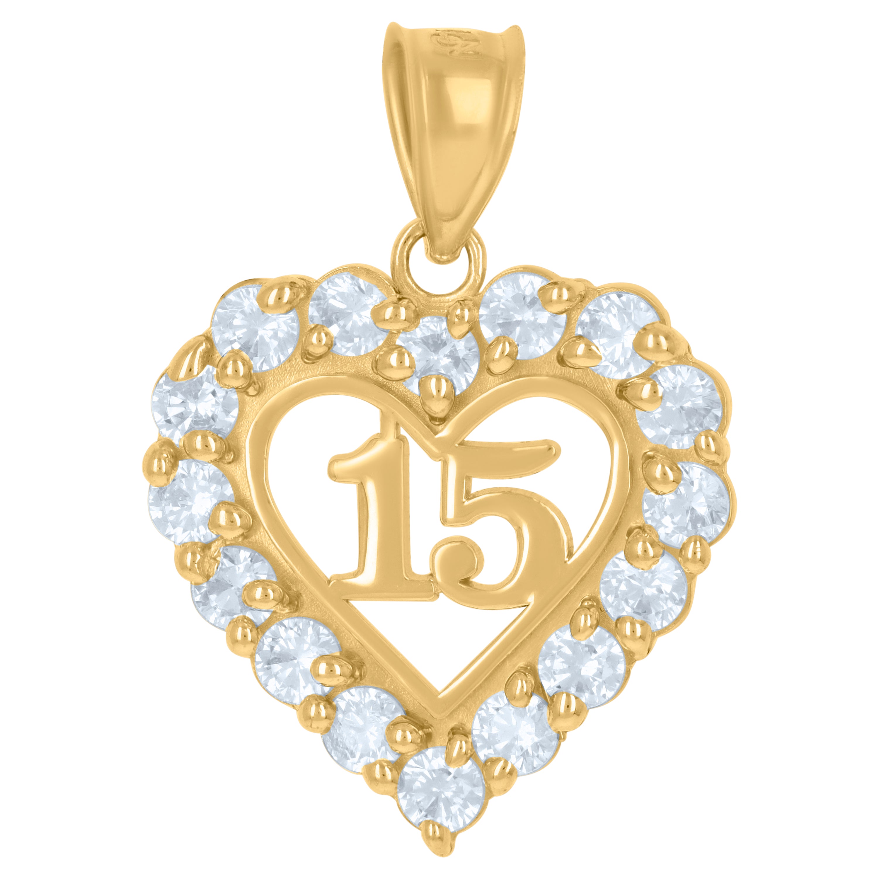 10kt Yellow Gold Womens Cubic-Zirconia Quinceanera Heart 15 Charm Pendant