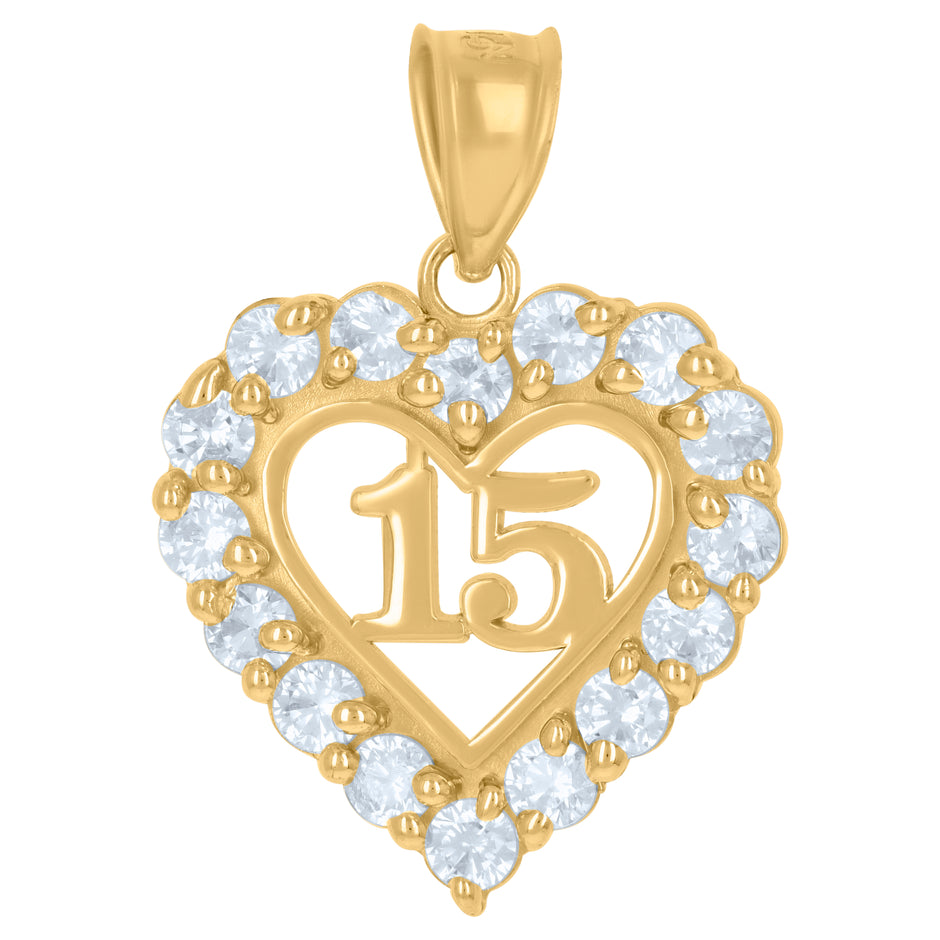 10kt Yellow Gold Womens Cubic-Zirconia Quinceanera Heart 15 Charm Pendant