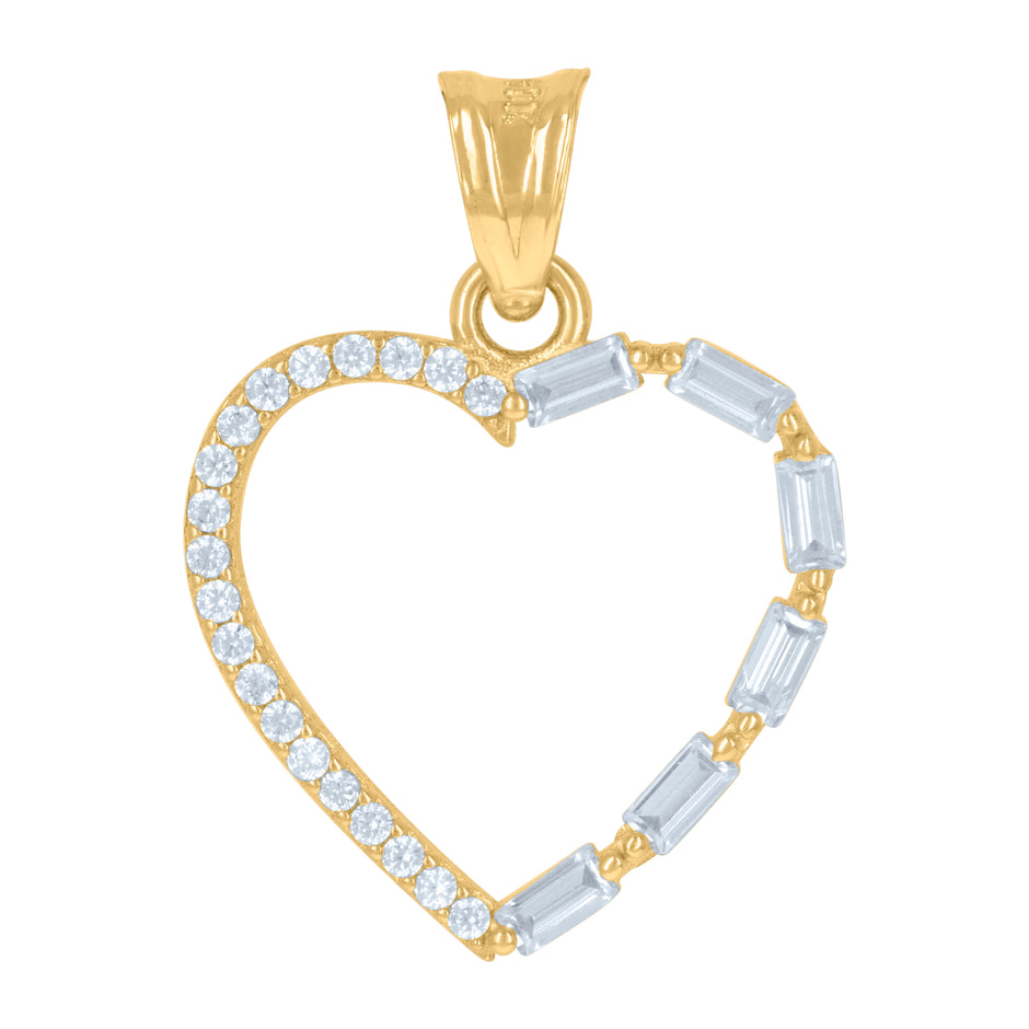 10kt Yellow Gold Womens Round Baguette Cubic-Zirconia Heart Charm Pendant