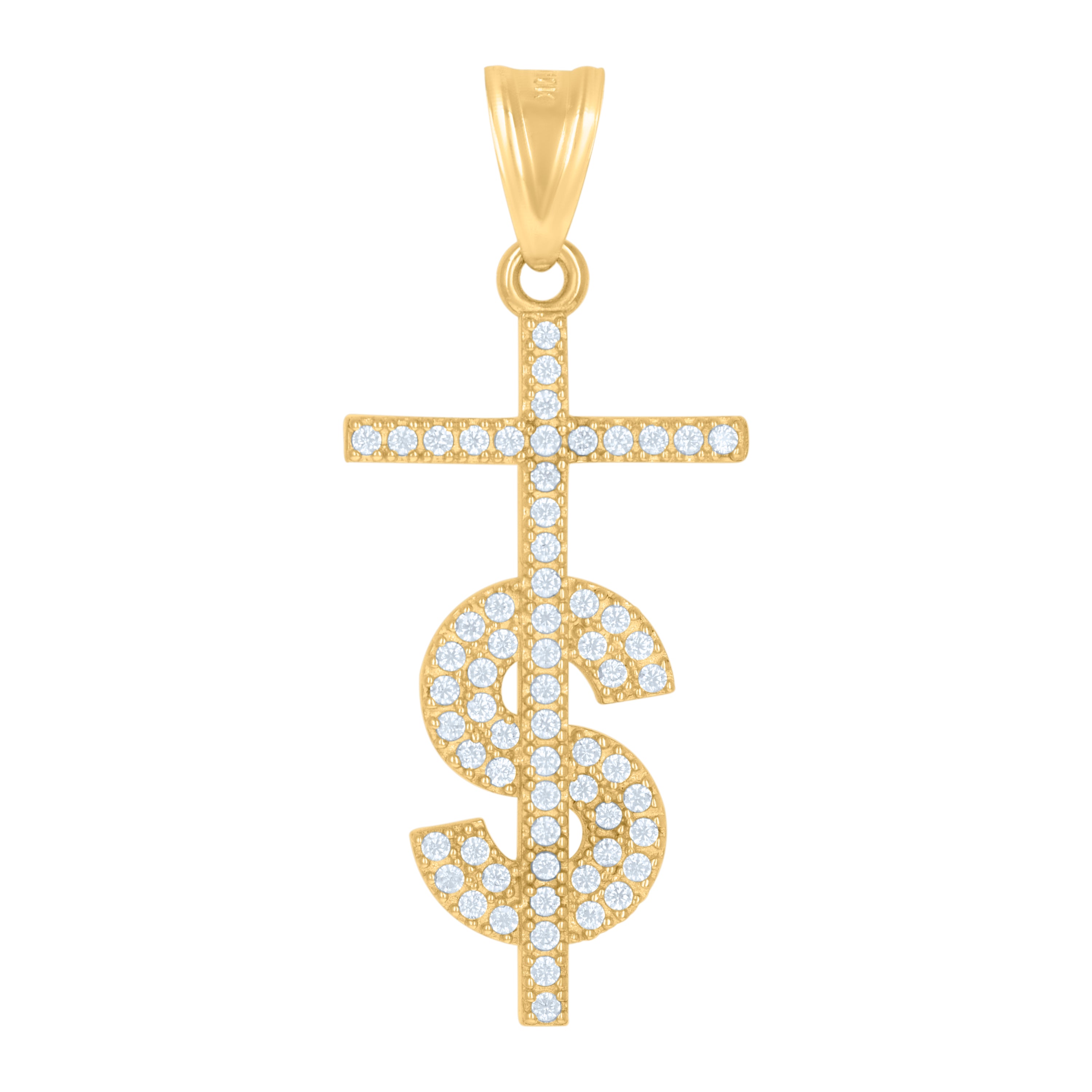 10kt Yellow Gold Mens Cubic-Zirconia Dollar Sign Cross Religious Charm Pendant