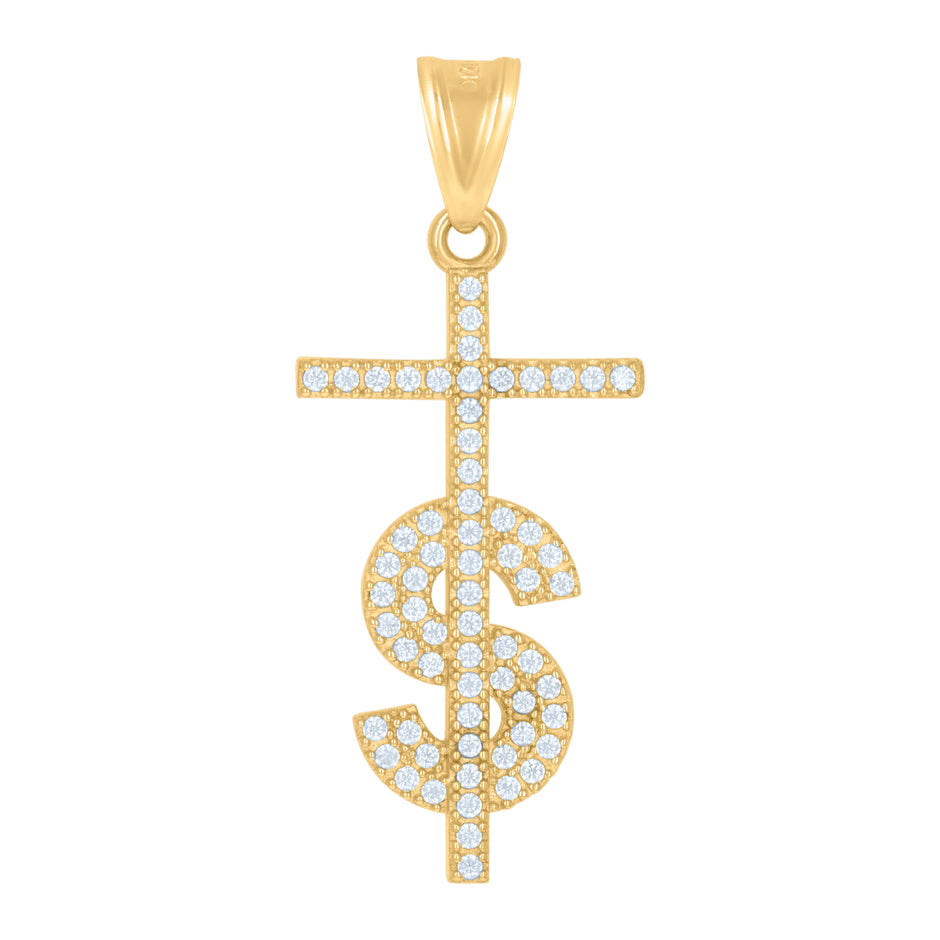 10kt Yellow Gold Mens Cubic-Zirconia Dollar Sign Cross Religious Charm Pendant