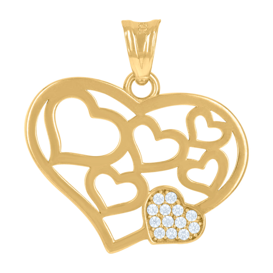 10Kt Yellow Gold Womens Cubic-Zirconia Hearts In Heart Charm Pendant