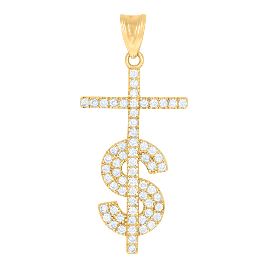 10kt Yellow Gold Mens Cubic-Zirconia Dollar Sign Cross Religious Charm Pendant