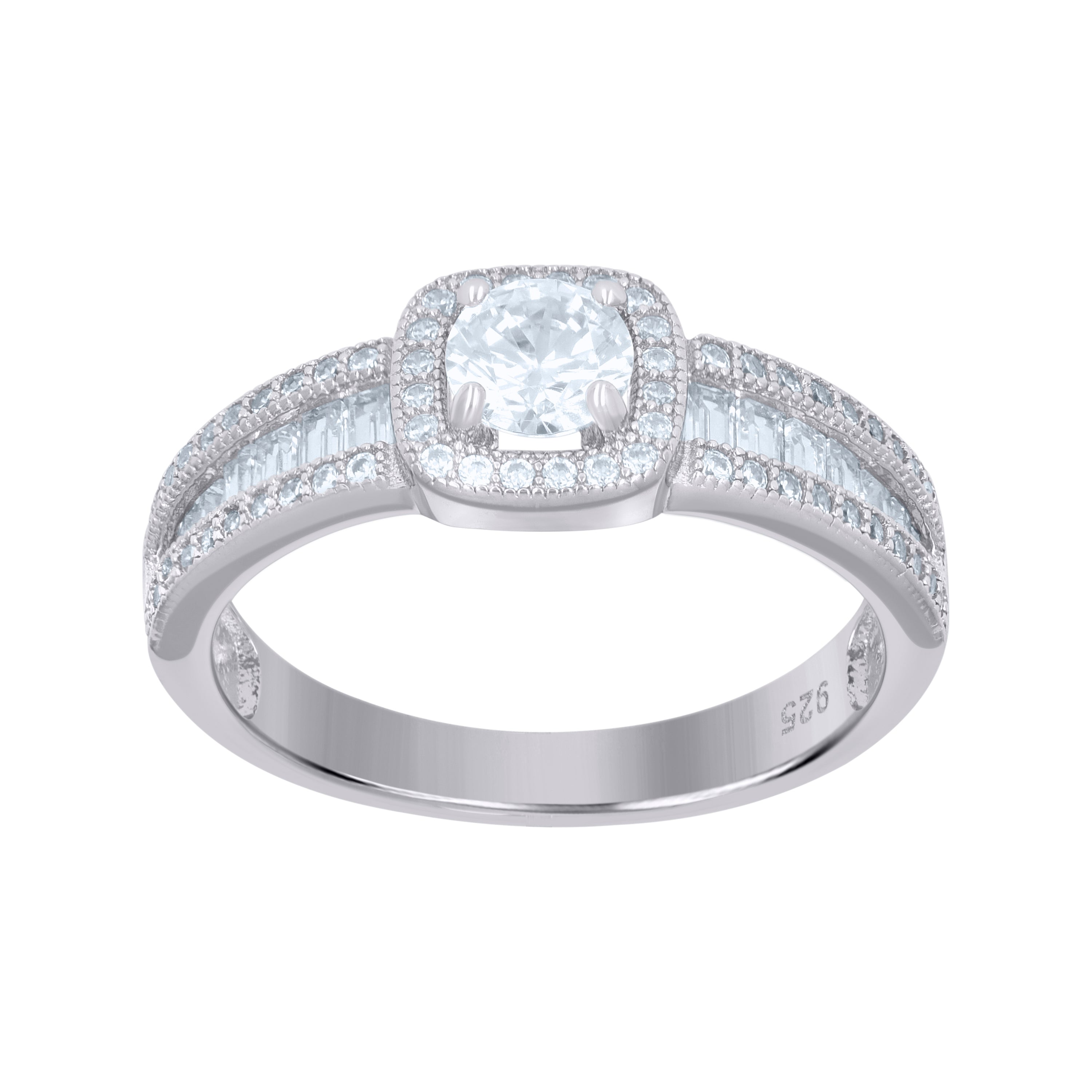 925 Sterling Silver Womens Baguette Round Cubic-Zirconia Square Head Fashion Ring Size 9 - SLV-112709