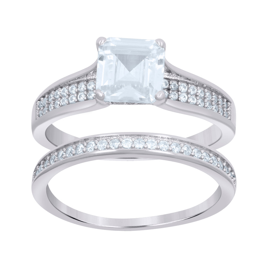 925 Sterling Silver Womens Cushion-Cut Round Cubic-Zirconia Square Head Duo Ring Set Size 9 - SLV-112730