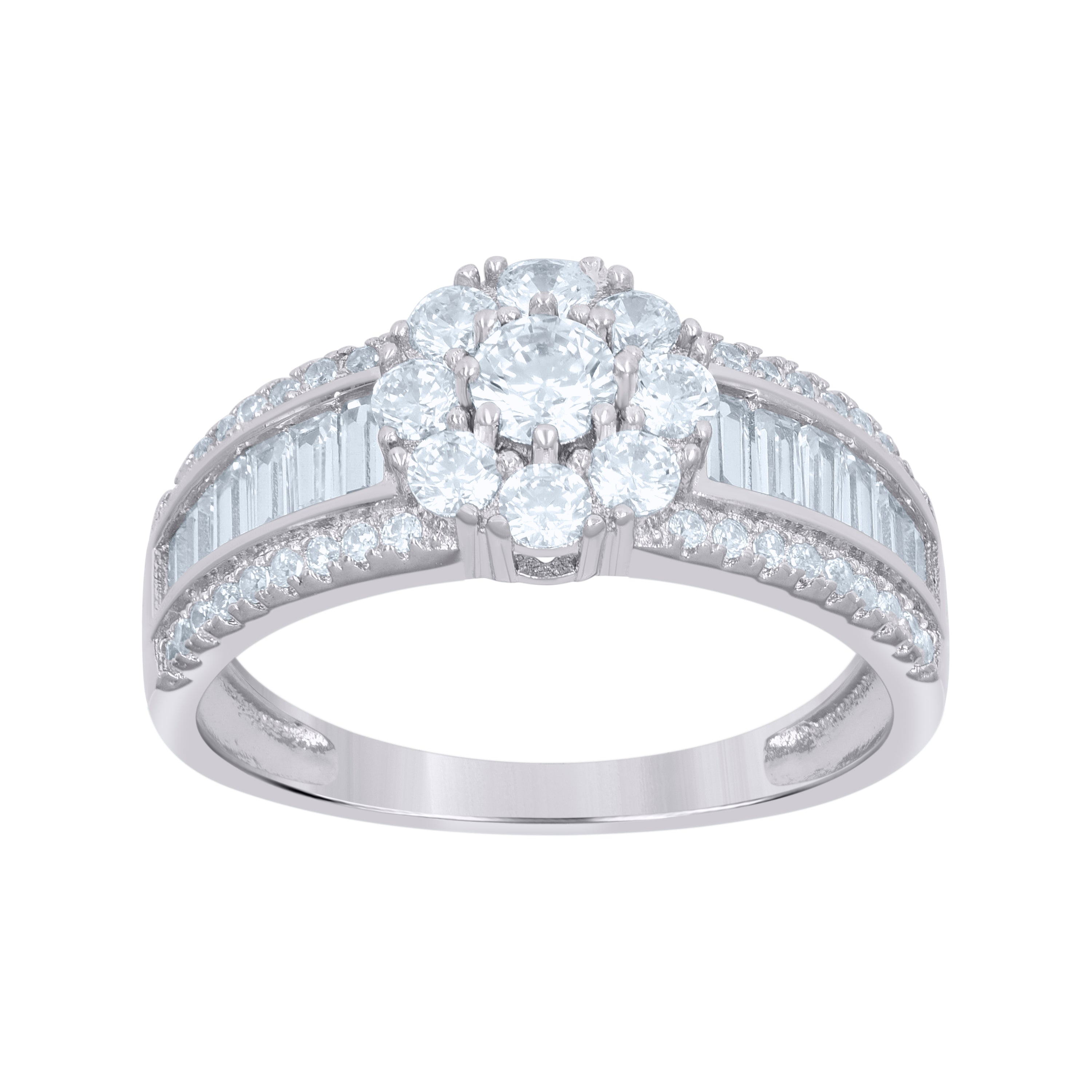 925 Sterling Silver Womens Baguette Round Cubic-Zirconia Flower Fashion Ring Size 7 - SLV-112742