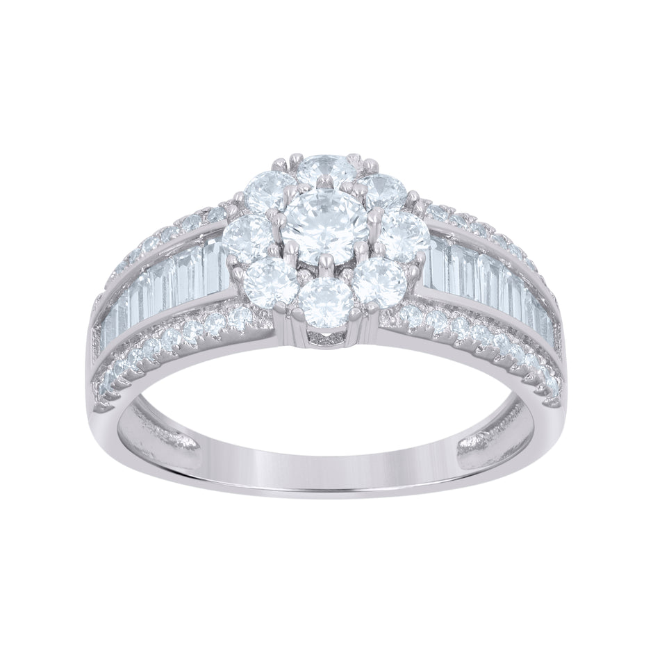 925 Sterling Silver Womens Baguette Round Cubic-Zirconia Flower Fashion Ring Size 6 - SLV-112741