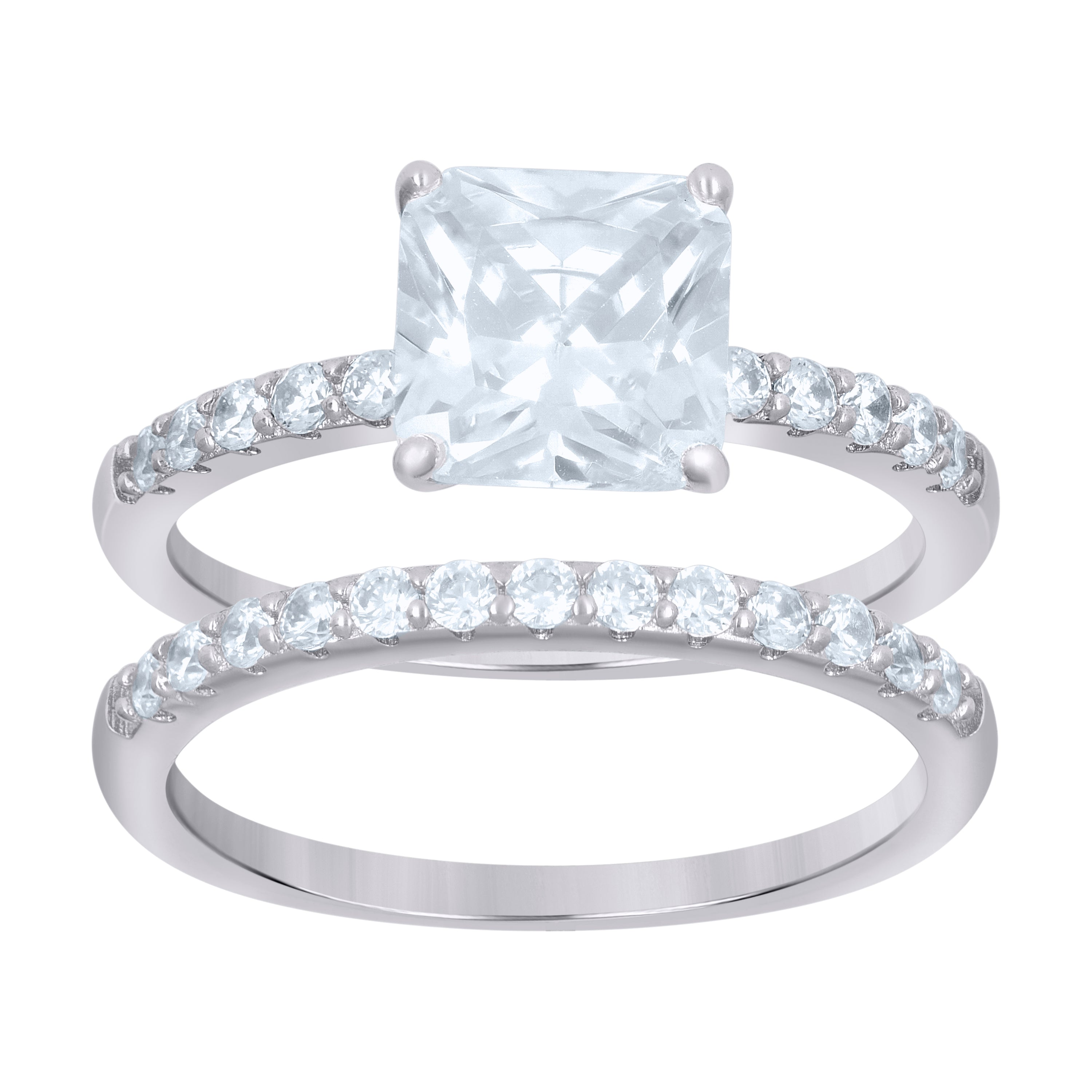 925 Sterling Silver Womens Princess-Cut Round Cubic-Zirconia Square Head Duo Ring Set Size 5