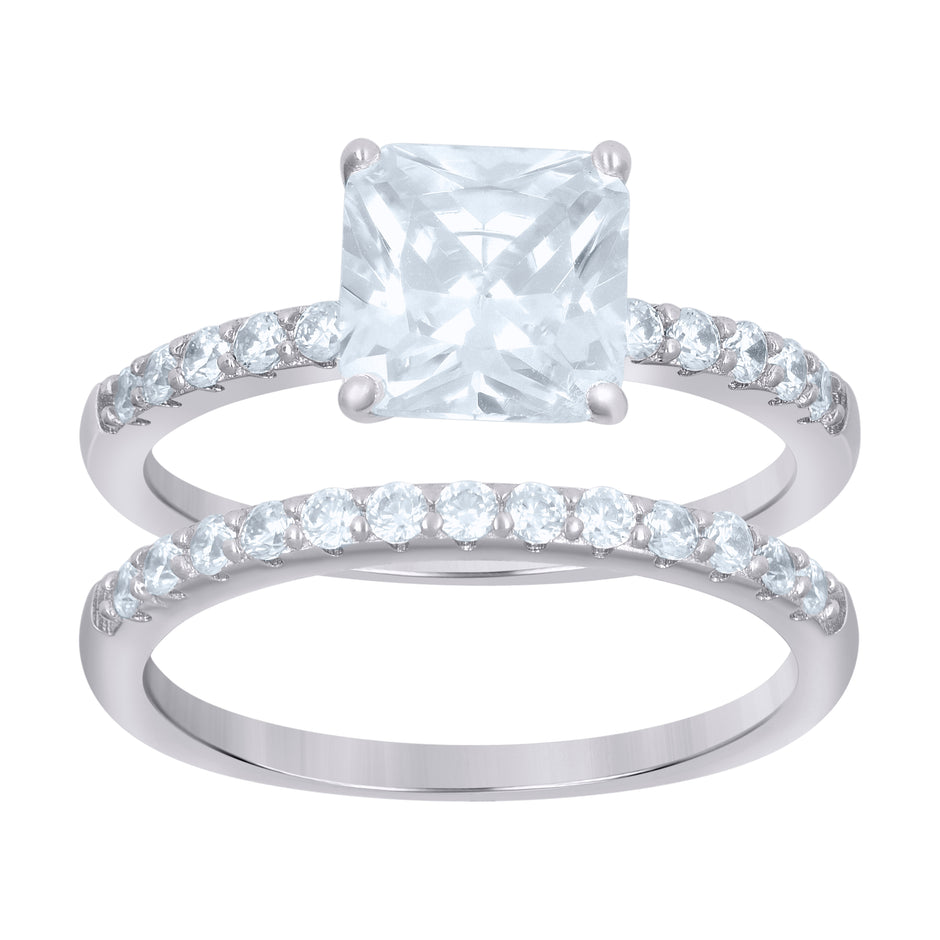 925 Sterling Silver Womens Princess-Cut Round Cubic-Zirconia Square Head Duo Ring Set Size 9 - SLV-112777