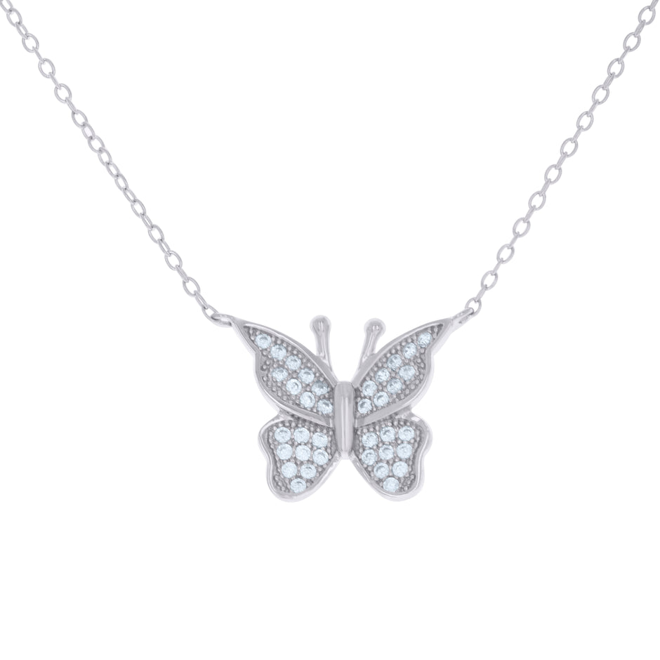925 Sterling Silver Womens Cubic-Zirconia Butterfly Fashion Charm Necklace